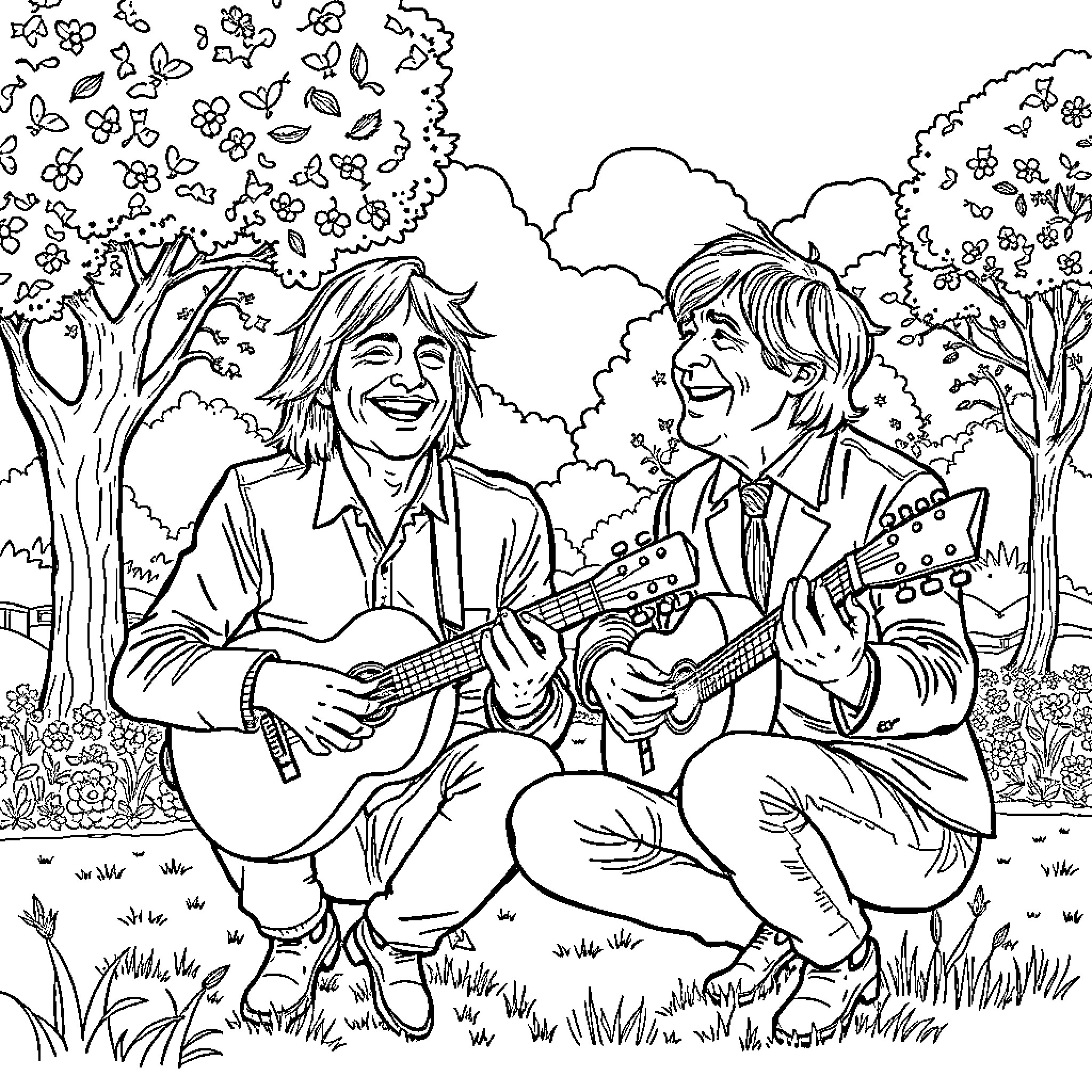 Bob Lennon playing guitar with friend in nature Coloring Page (free black-and-white line drawing printable PDF for all, from beginners to advanced learners, including children, teens, adults, and seniors)