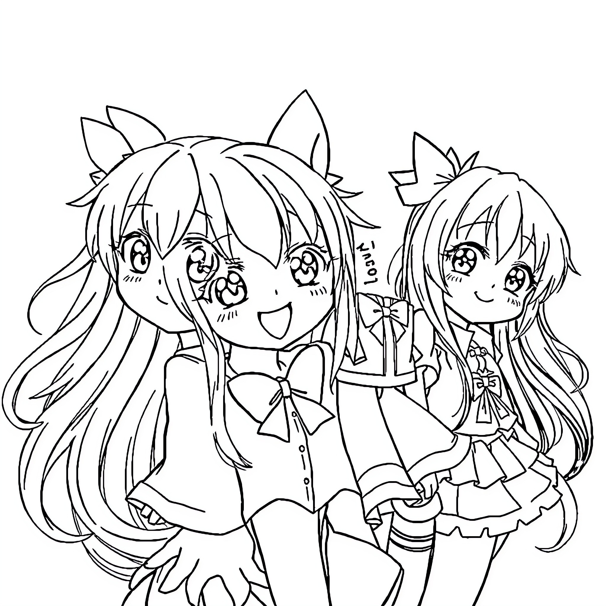 Anime Schoolgirls in Playful Expressions Coloring Page (free black-and-white line drawing printable PDF for all, from beginners to advanced learners, including children, teens, adults, and seniors)