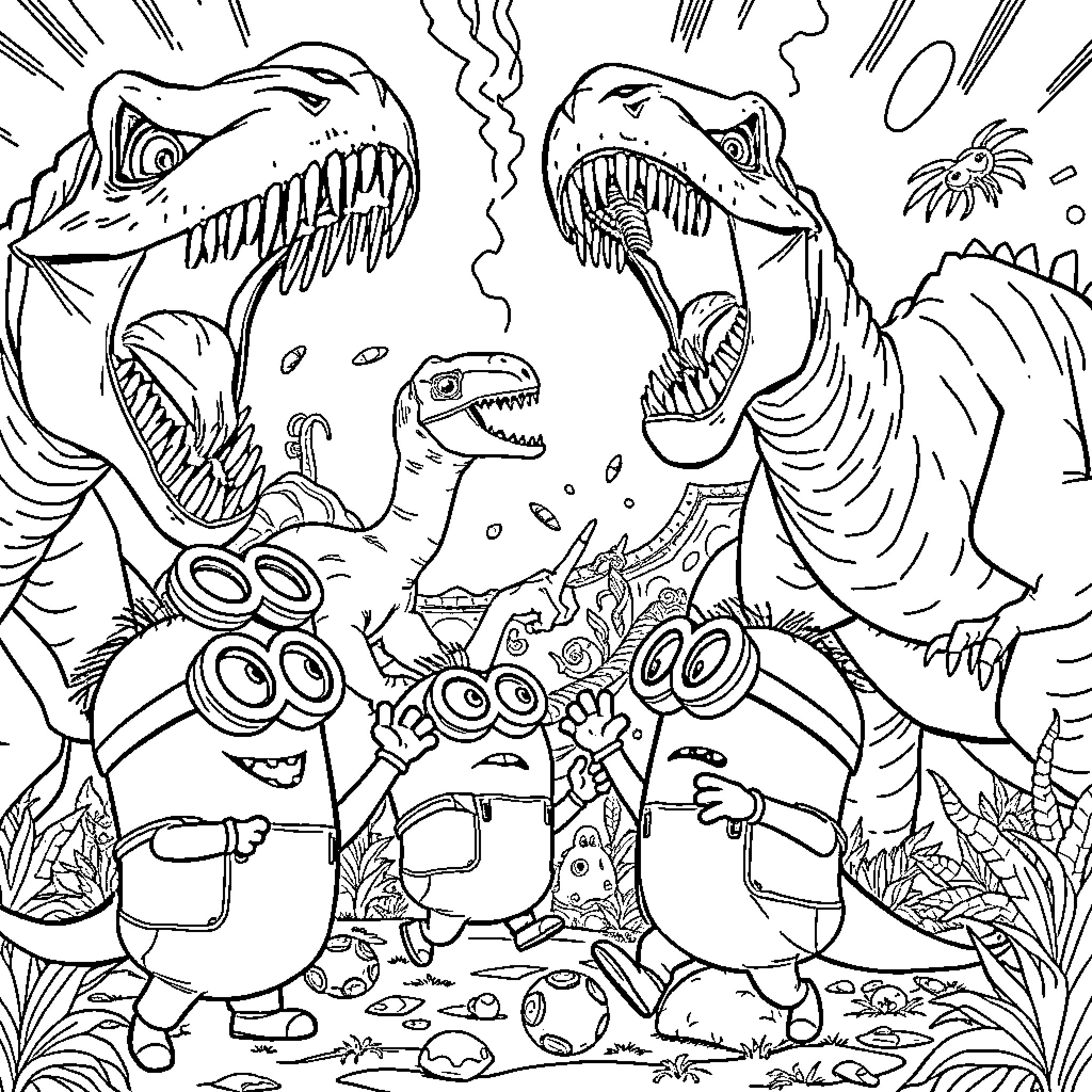 Minions facing off against ferocious dinosaurs Coloring Page (free black-and-white line drawing printable PDF for all, from beginners to advanced learners, including children, teens, adults, and seniors)