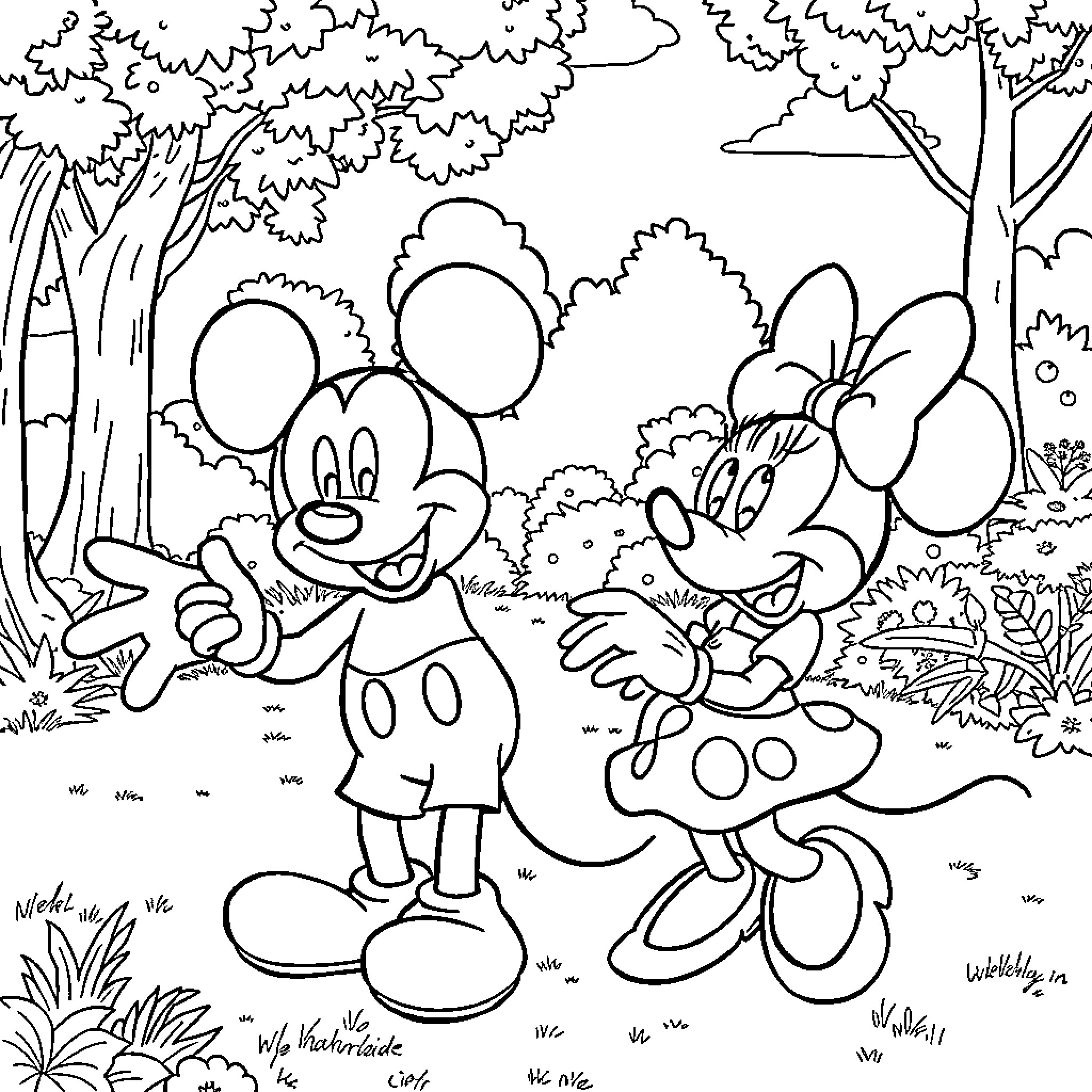 Mickey Mouse and Minnie Mouse in a nature scene Coloring Page (free black-and-white line drawing printable PDF for all, from beginners to advanced learners, including children, teens, adults, and seniors)