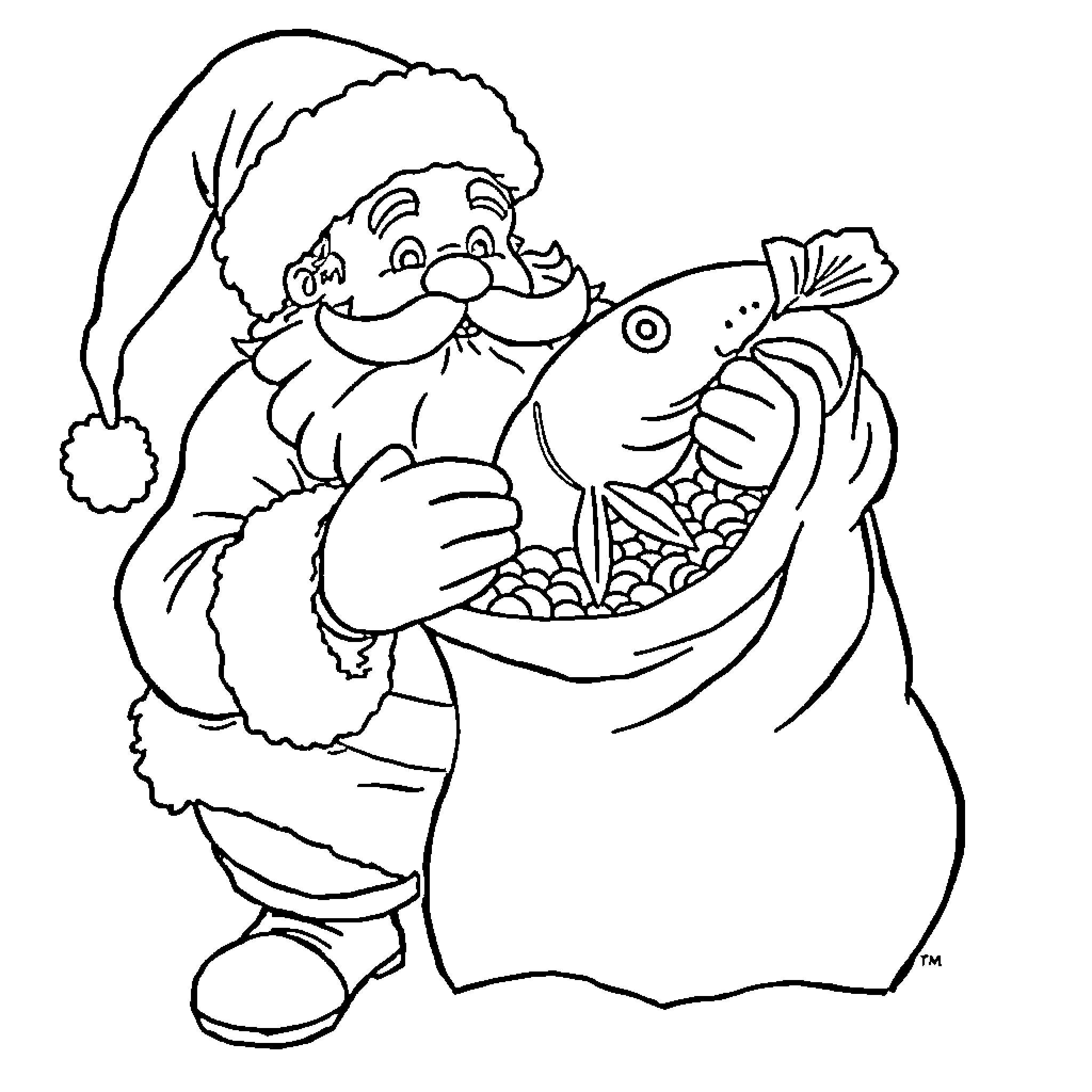 Santa Claus holding a large fish Coloring Page (free black-and-white line drawing printable PDF for all, from beginners to advanced learners, including children, teens, adults, and seniors)
