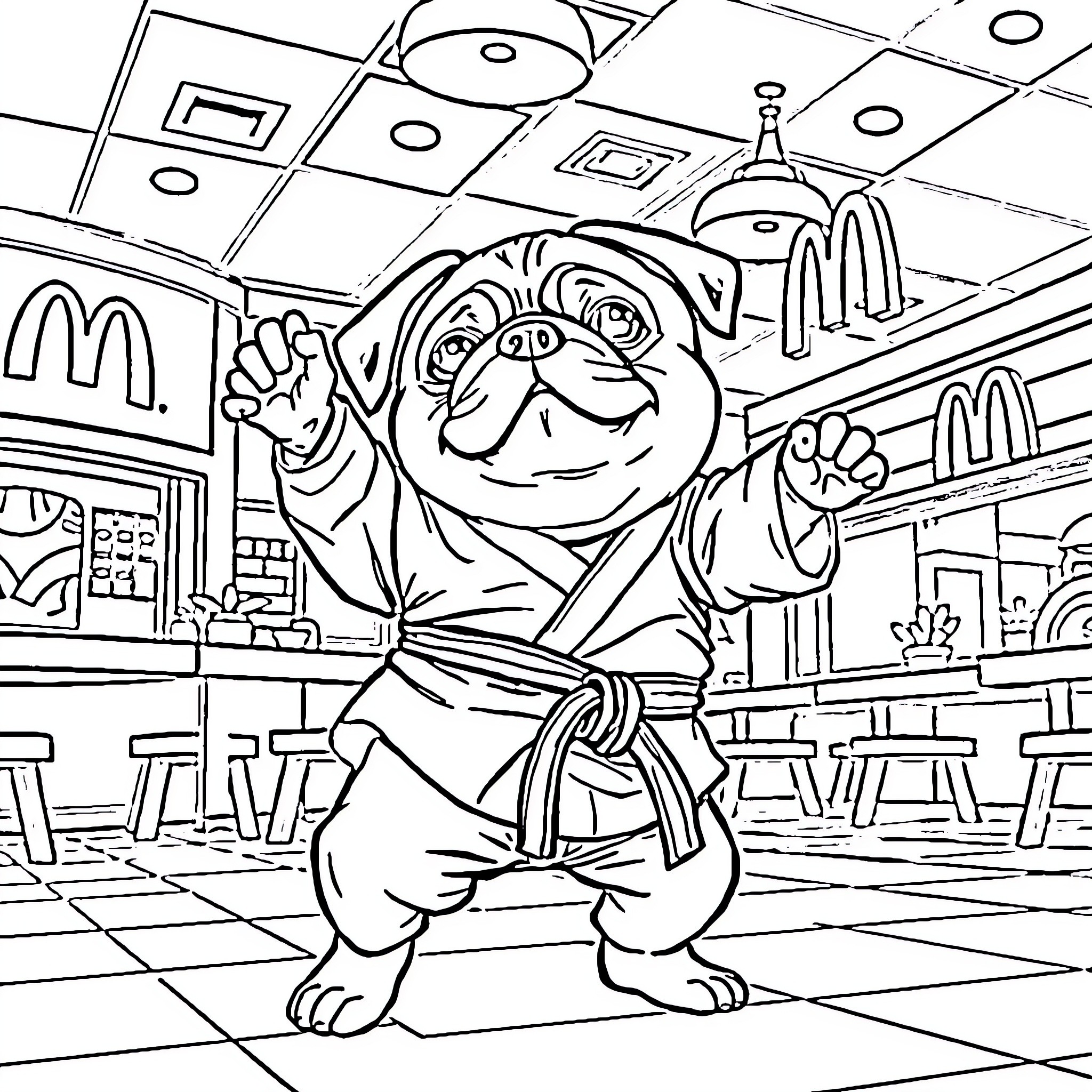 Pug Wagging Happily in Fast Food Restaurant Coloring Page (free black-and-white line drawing printable PDF for all, from beginners to advanced learners, including children, teens, adults, and seniors)