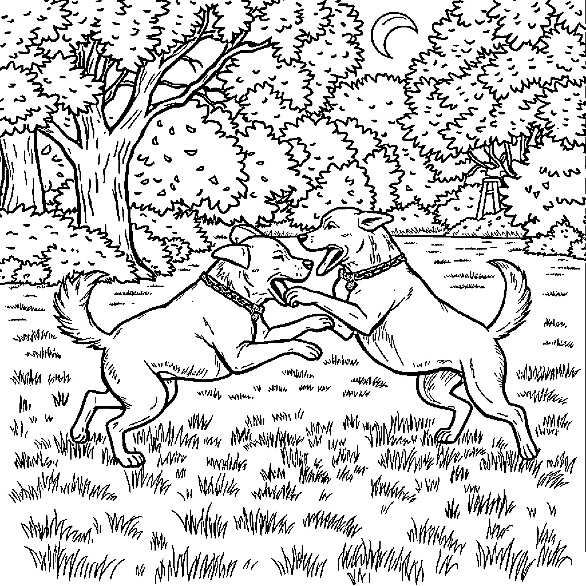 Dog playing joyfully in the forest Coloring Page (free black-and-white line drawing printable PDF for all, from beginners to advanced learners, including children, teens, adults, and seniors)