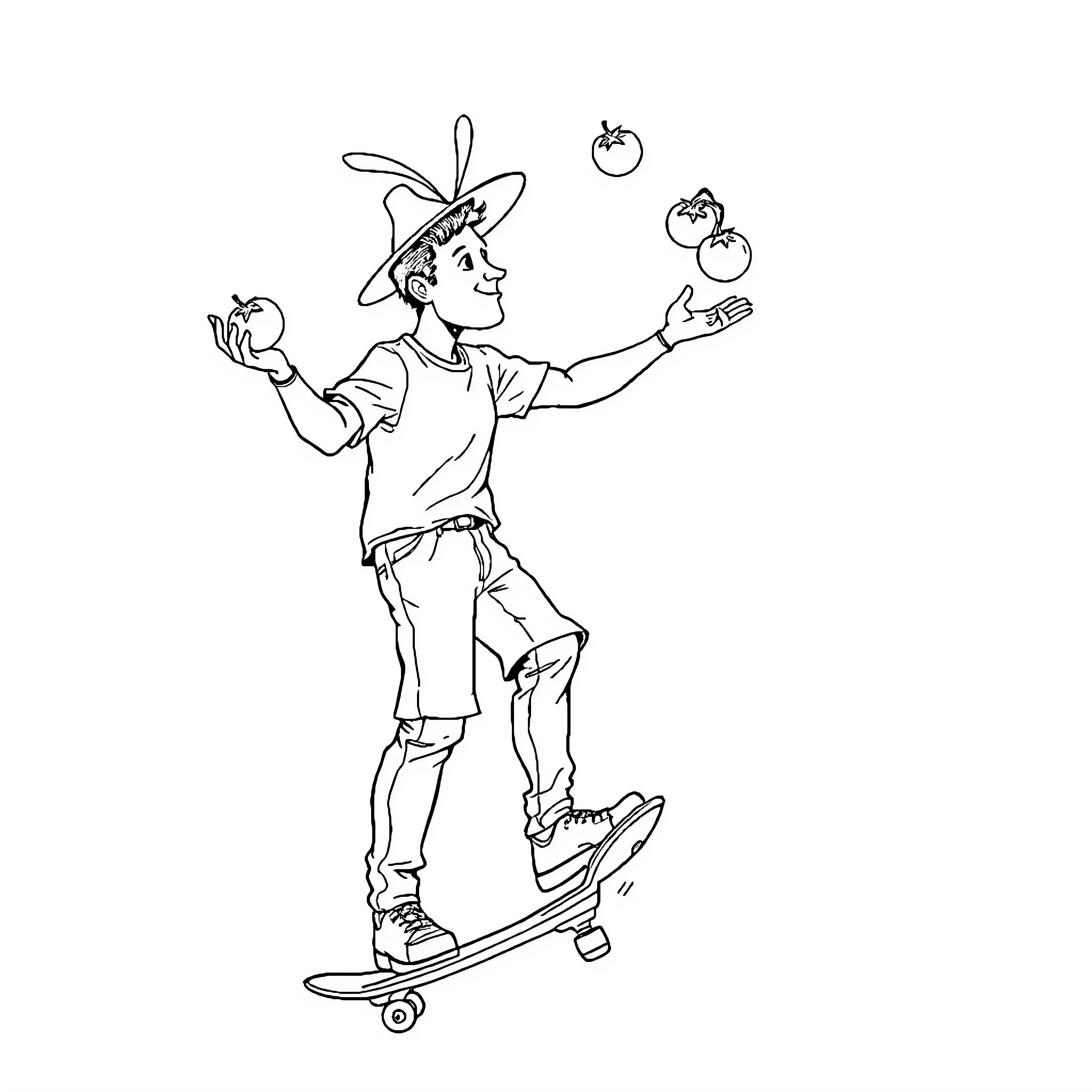 Man balancing on skateboard juggling tomatoes Coloring Page (free black-and-white line drawing printable PDF for all, from beginners to advanced learners, including children, teens, adults, and seniors)