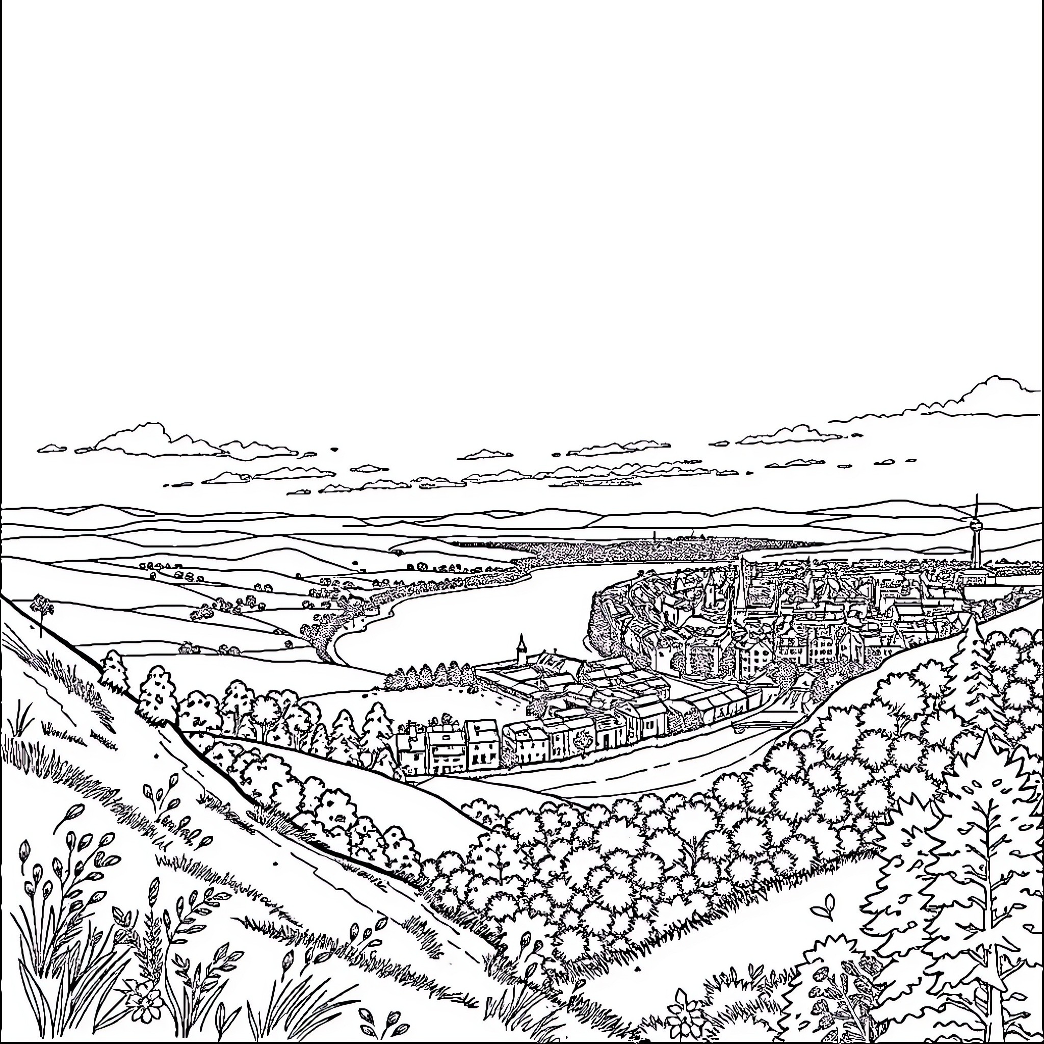 River flowing through a scenic landscape Coloring Page (free black-and-white line drawing printable PDF for all, from beginners to advanced learners, including children, teens, adults, and seniors)