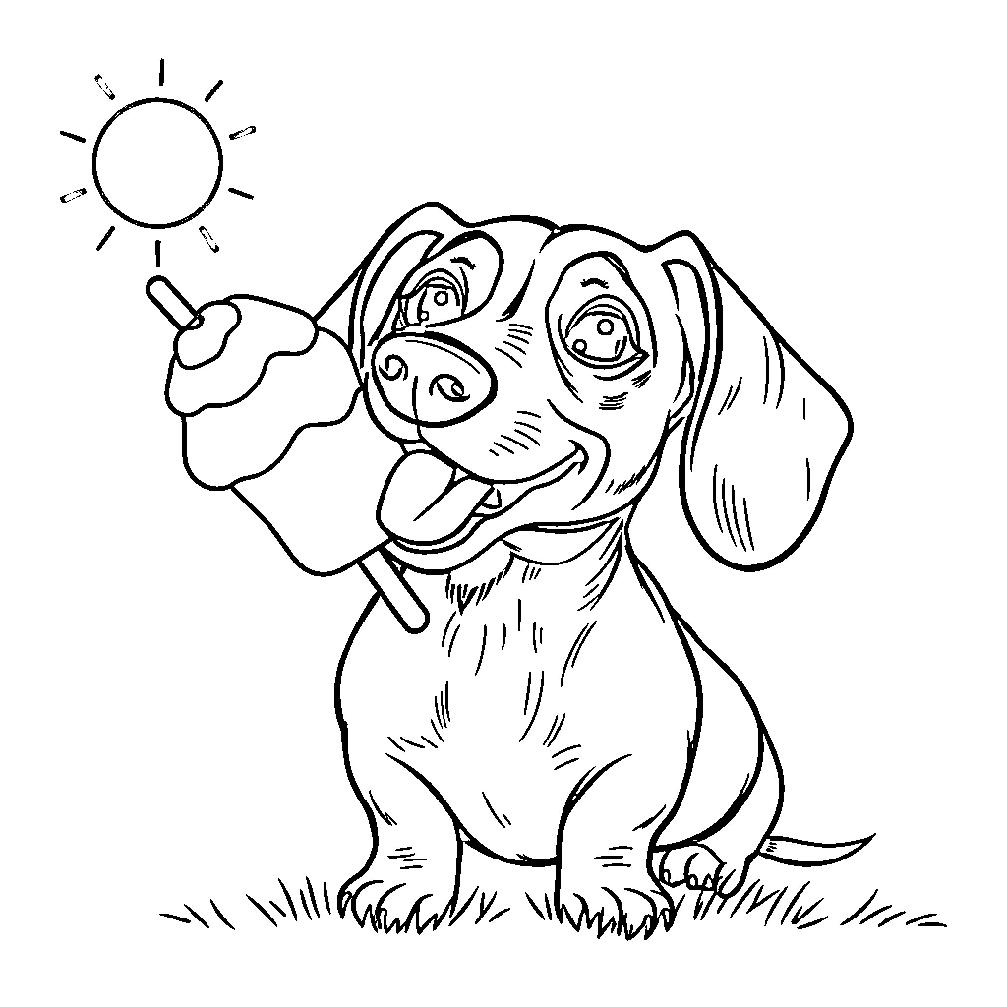 Dachshund playing happily in the sun Coloring Page (free black-and-white line drawing printable PDF for all, from beginners to advanced learners, including children, teens, adults, and seniors)