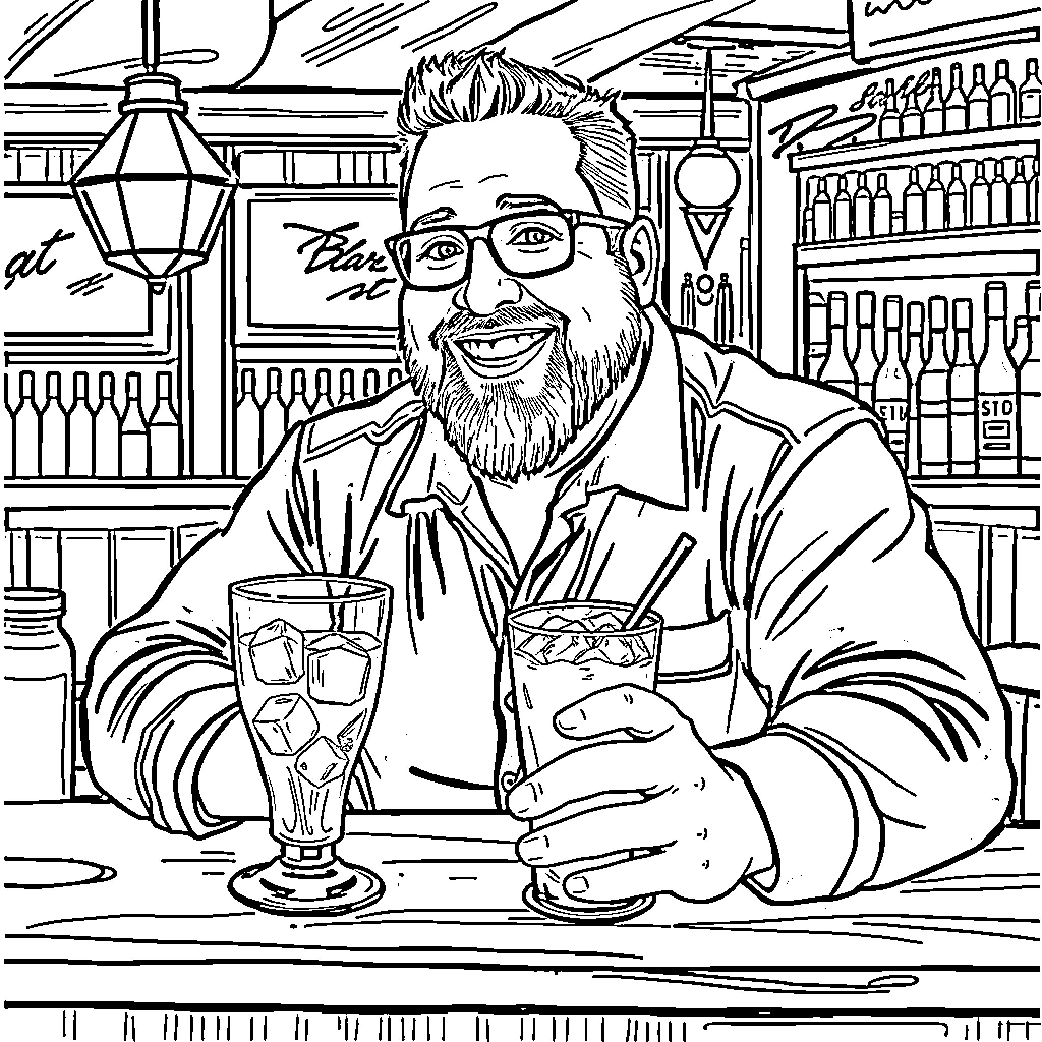 Kevin James enjoying a drink at the bar Coloring Page (free black-and-white line drawing printable PDF for all, from beginners to advanced learners, including children, teens, adults, and seniors)
