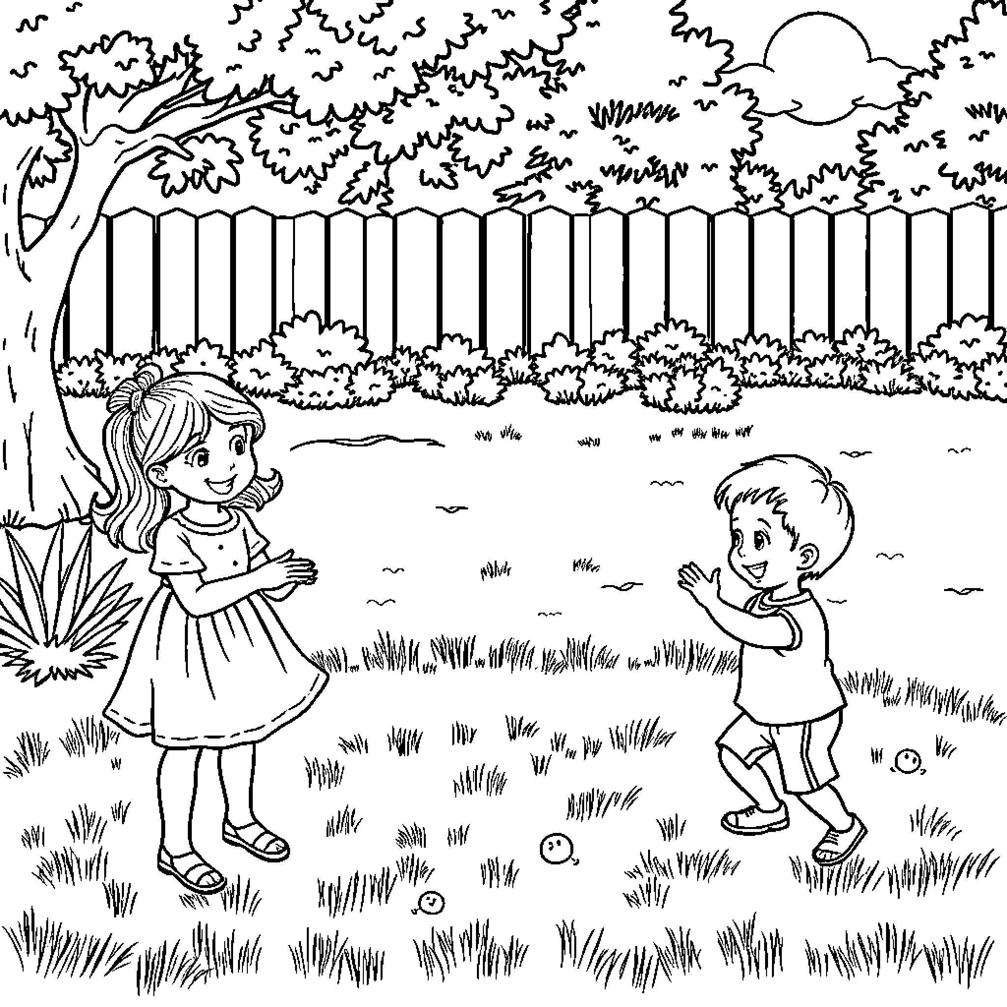 Child playing with friend in natural setting Coloring Page (free black-and-white line drawing printable PDF for all, from beginners to advanced learners, including children, teens, adults, and seniors)