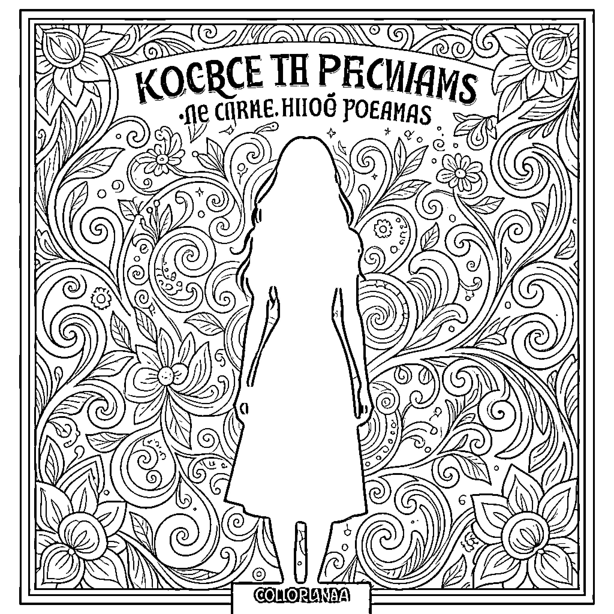 Woman in Flowing Robe Amidst Floral Designs Coloring Page (free black-and-white line drawing printable PDF for all, from beginners to advanced learners, including children, teens, adults, and seniors)
