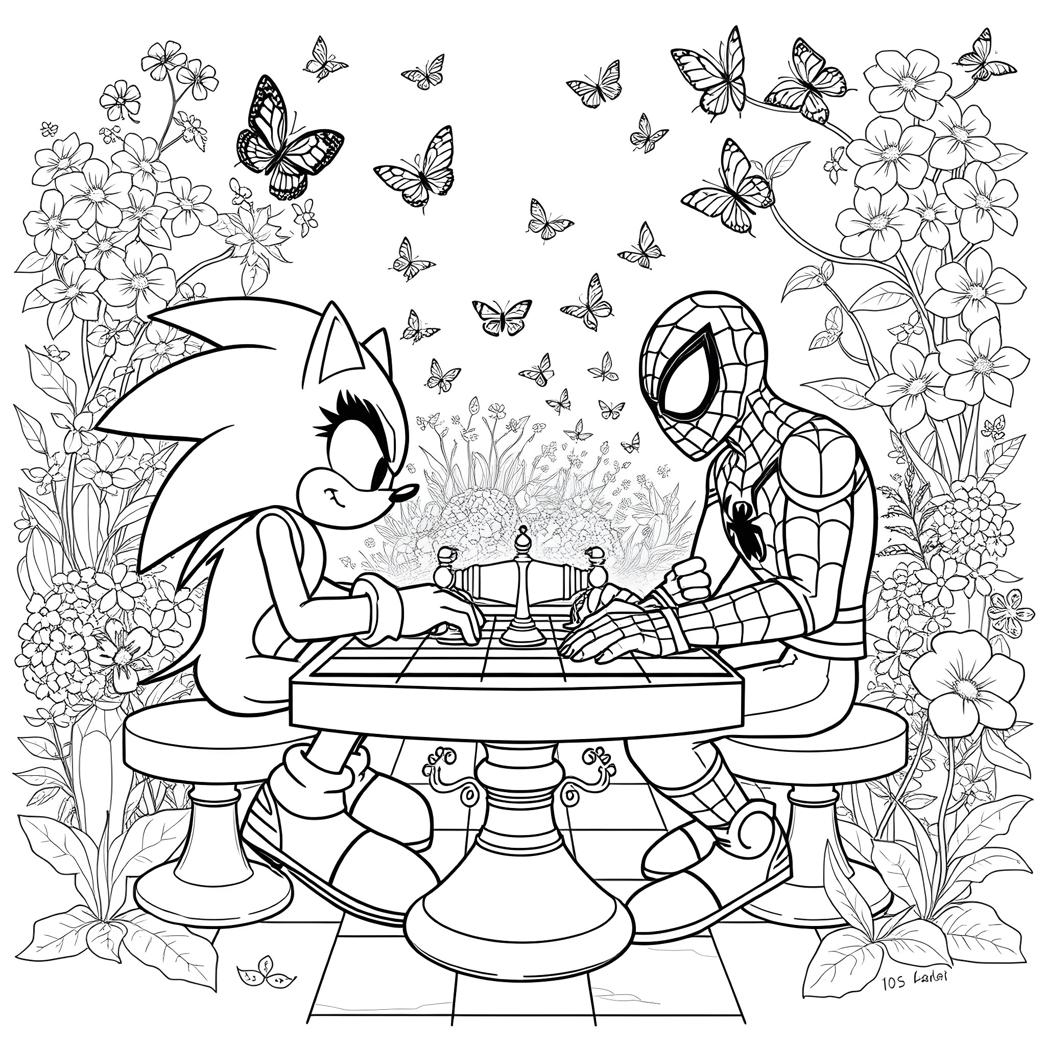 Sonic and Spider-Man Enjoying a Tea Party in Floral Garden Coloring Page (free black-and-white line drawing printable PDF for all, from beginners to advanced learners, including children, teens, adults, and seniors)
