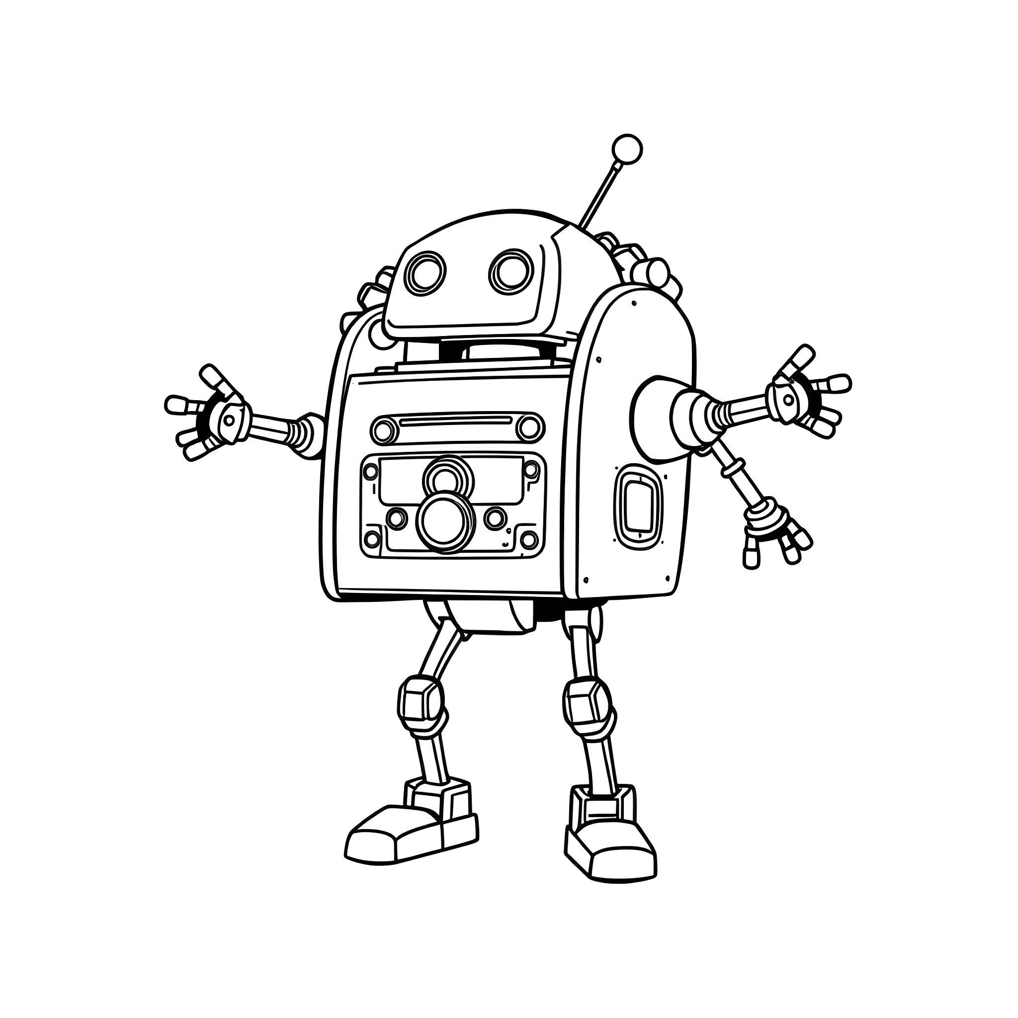 Robot in a Playful Pose Coloring Page (free black-and-white line drawing printable PDF for all, from beginners to advanced learners, including children, teens, adults, and seniors)
