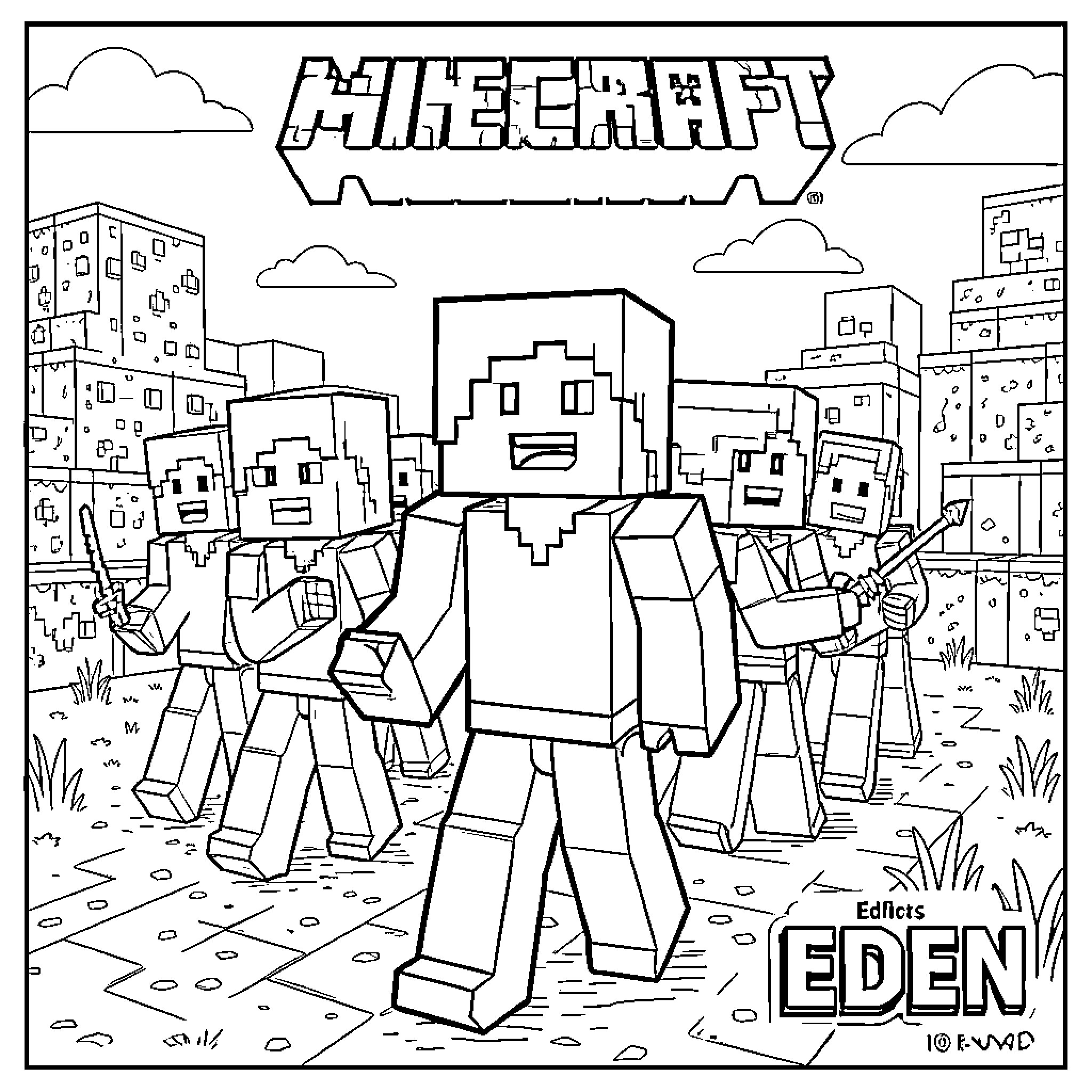 Minecraft characters walking together through a blocky landscape Coloring Page (free black-and-white line drawing printable PDF for all, from beginners to advanced learners, including children, teens, adults, and seniors)