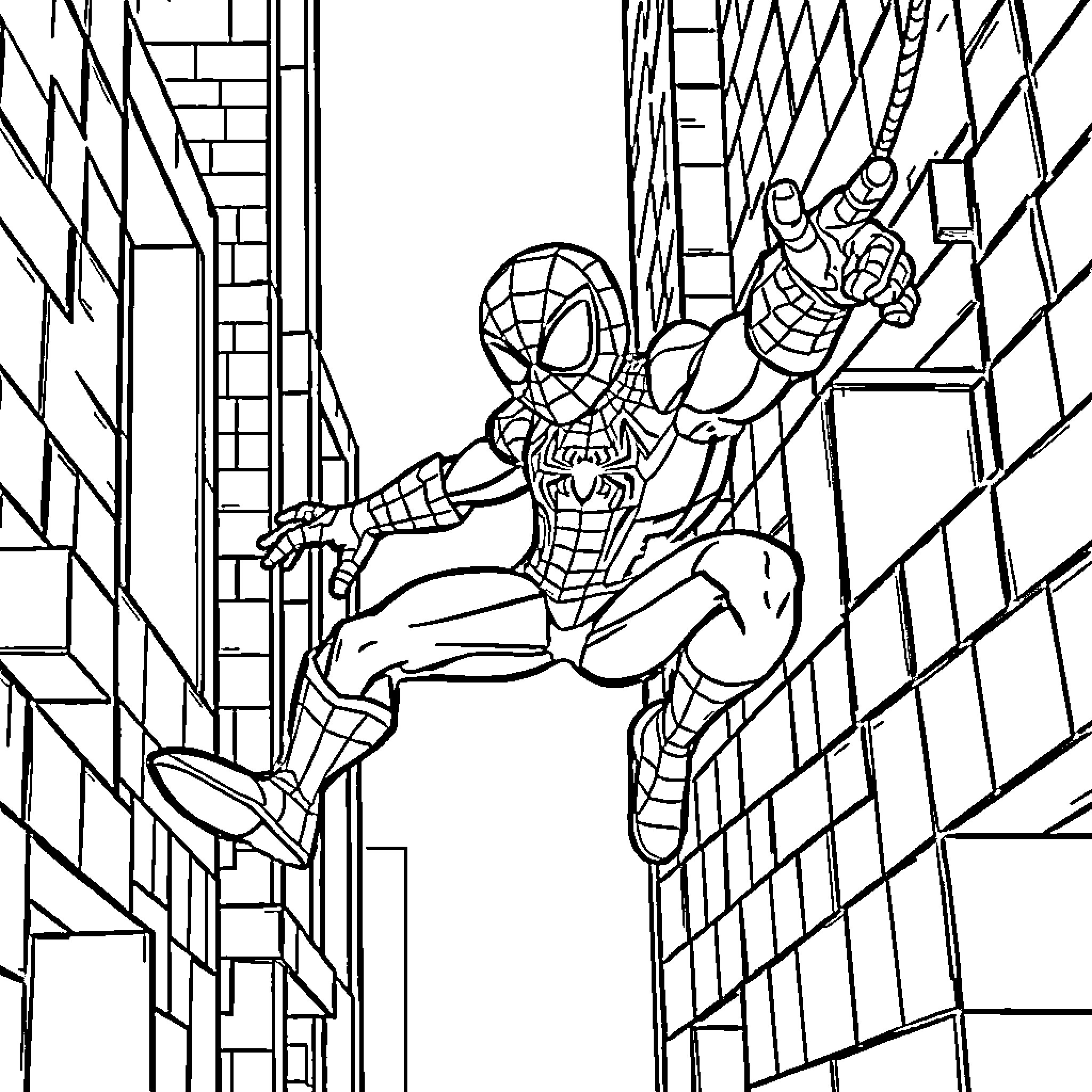 Spiderman swinging through the city Coloring Page (free black-and-white line drawing printable PDF for all, from beginners to advanced learners, including children, teens, adults, and seniors)