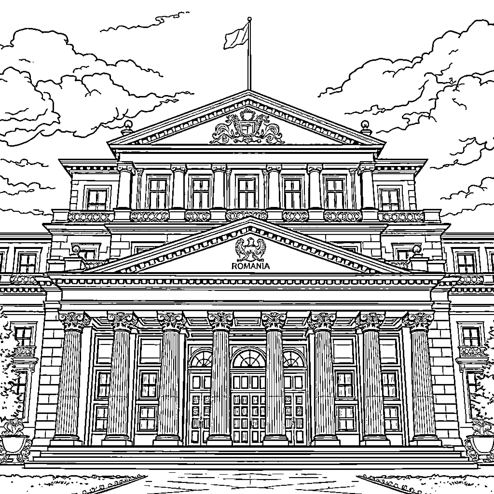Constitutional Court Building with Architectural Details Coloring Page (free black-and-white line drawing printable PDF for all, from beginners to advanced learners, including children, teens, adults, and seniors)