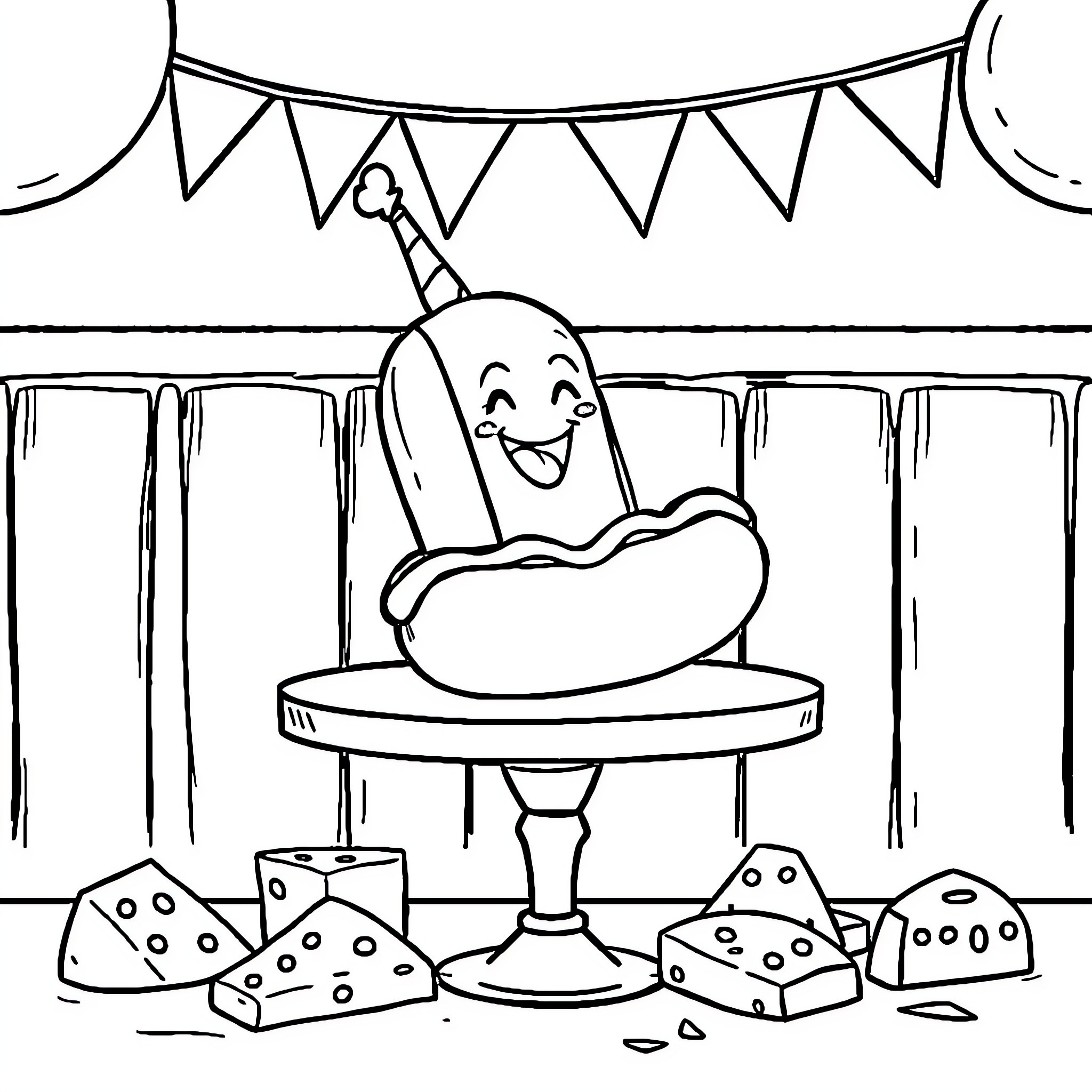 Hotdog having a fun party with confetti and cupcakes Coloring Page (free black-and-white line drawing printable PDF for all, from beginners to advanced learners, including children, teens, adults, and seniors)