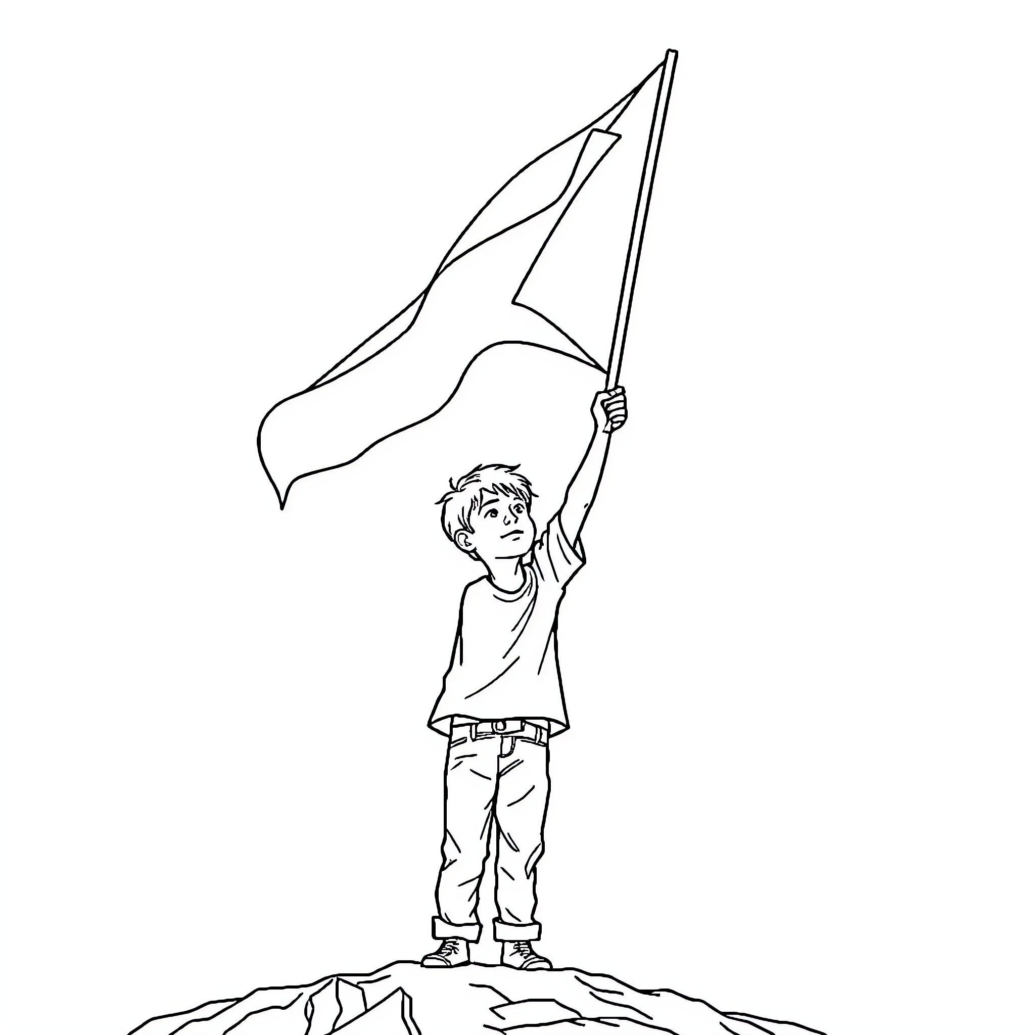 Palestinian Boy Proudly Waving the Flag Coloring Page (free black-and-white line drawing printable PDF for all, from beginners to advanced learners, including children, teens, adults, and seniors)
