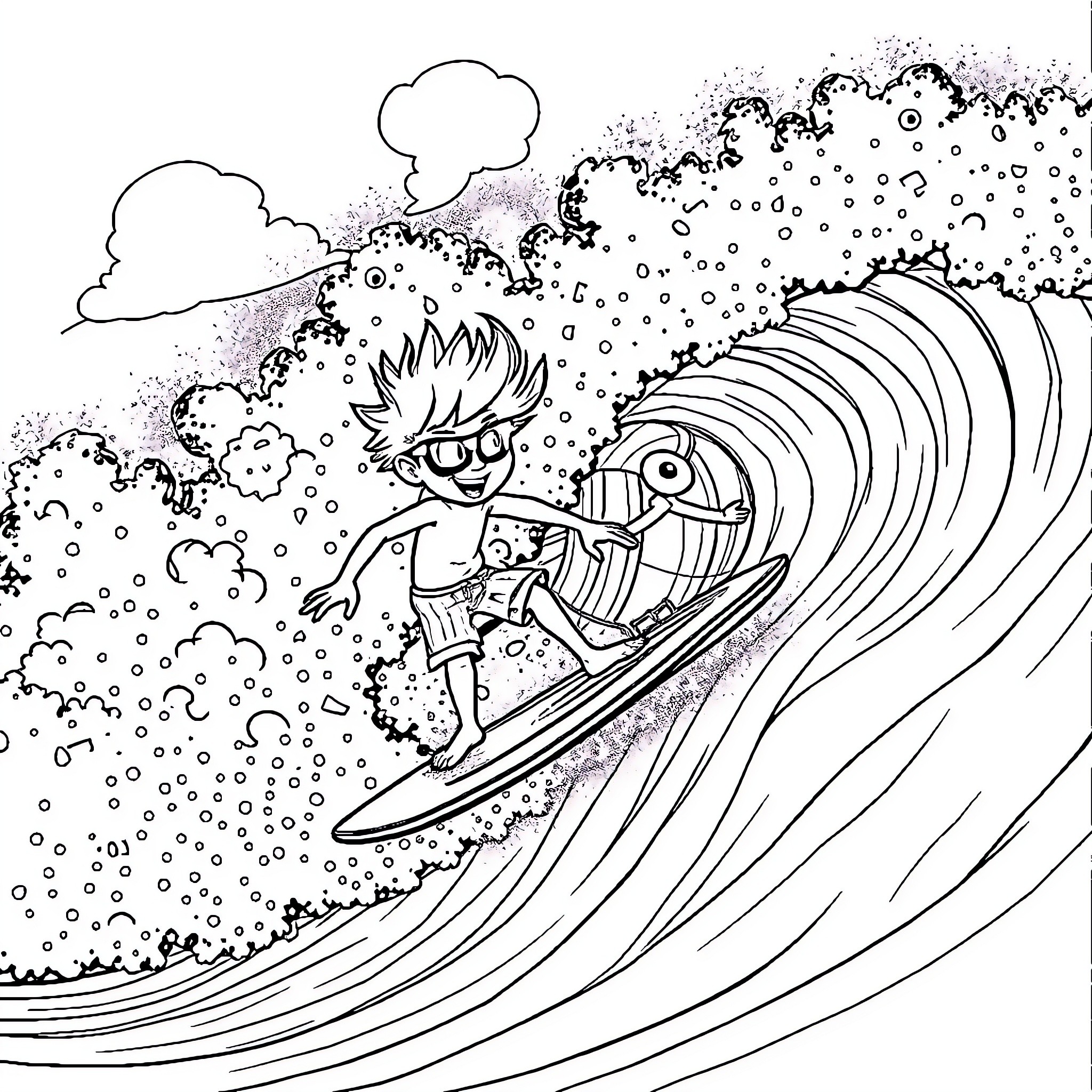 Character surfing giant waves with enthusiasm Coloring Page (free black-and-white line drawing printable PDF for all, from beginners to advanced learners, including children, teens, adults, and seniors)
