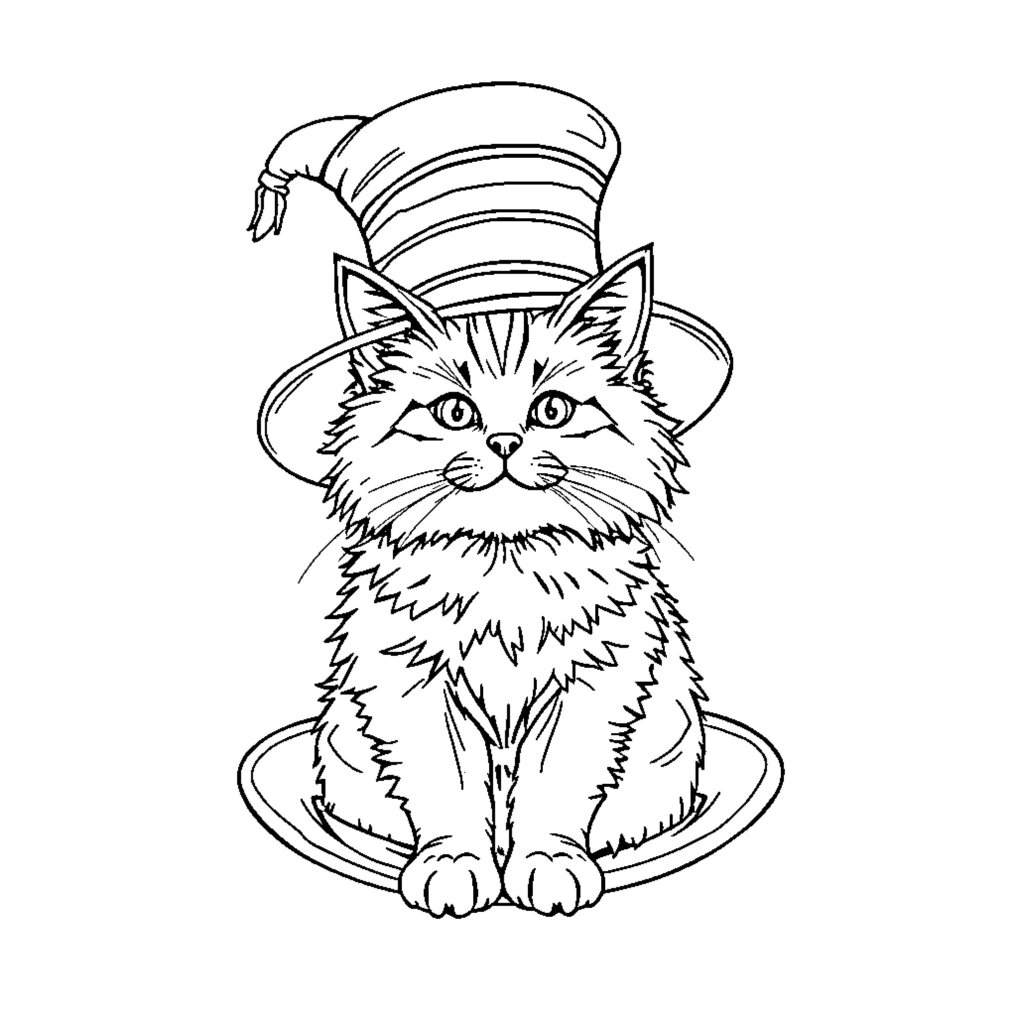 Cat wearing a whimsical hat Coloring Page (free black-and-white line drawing printable PDF for all, from beginners to advanced learners, including children, teens, adults, and seniors)