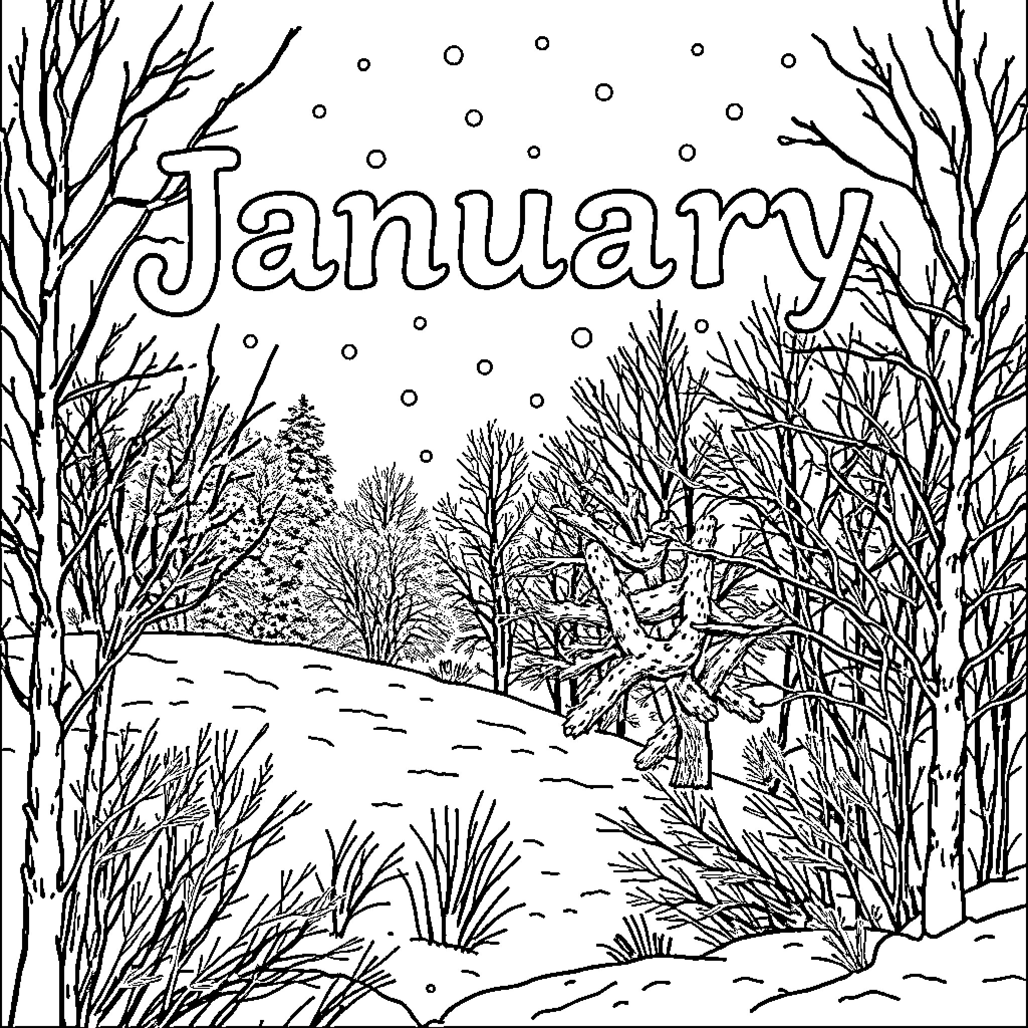 January winter landscape with snowy trees Coloring Page (free black-and-white line drawing printable PDF for all, from beginners to advanced learners, including children, teens, adults, and seniors)