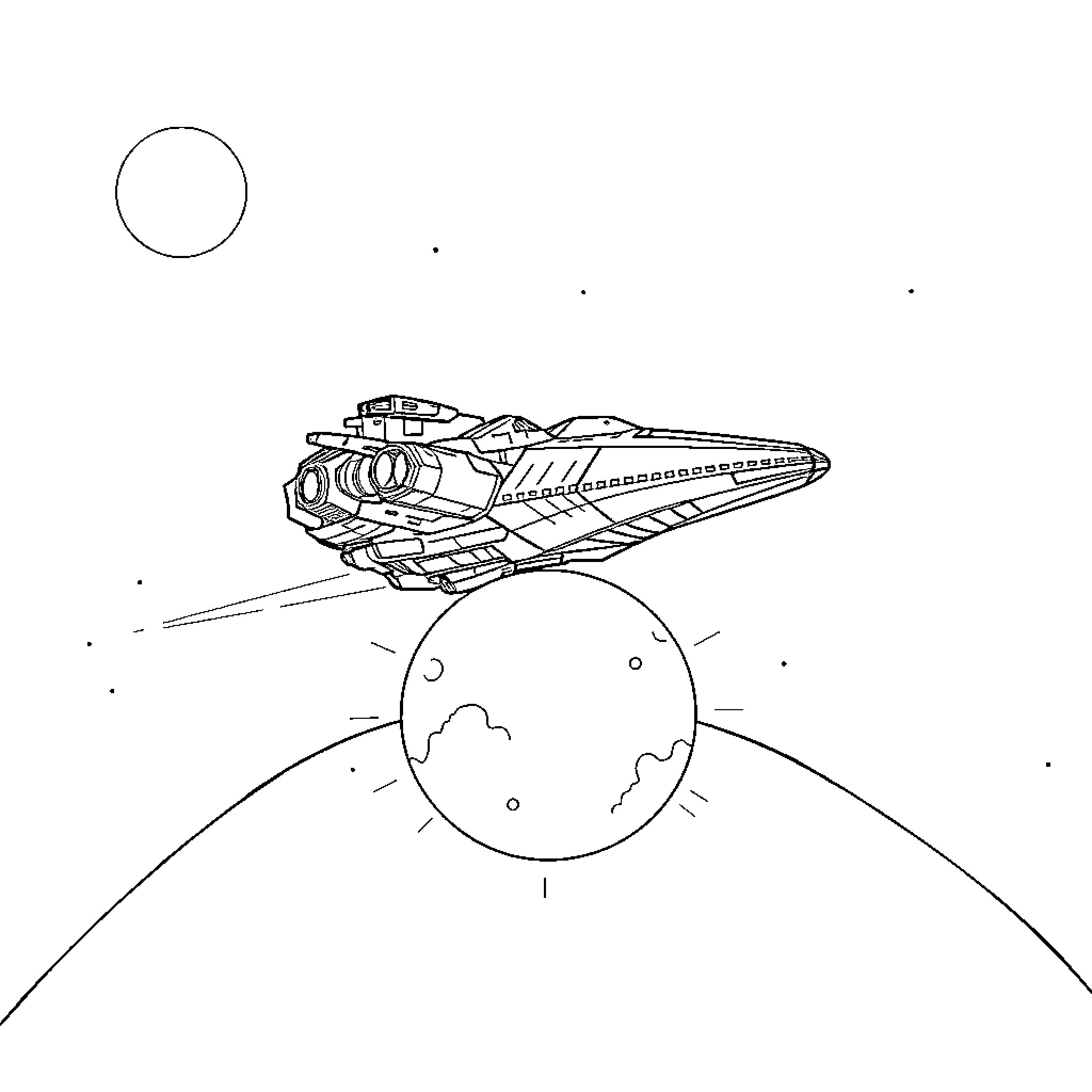 Starship traveling through space above a planet Coloring Page (free black-and-white line drawing printable PDF for all, from beginners to advanced learners, including children, teens, adults, and seniors)