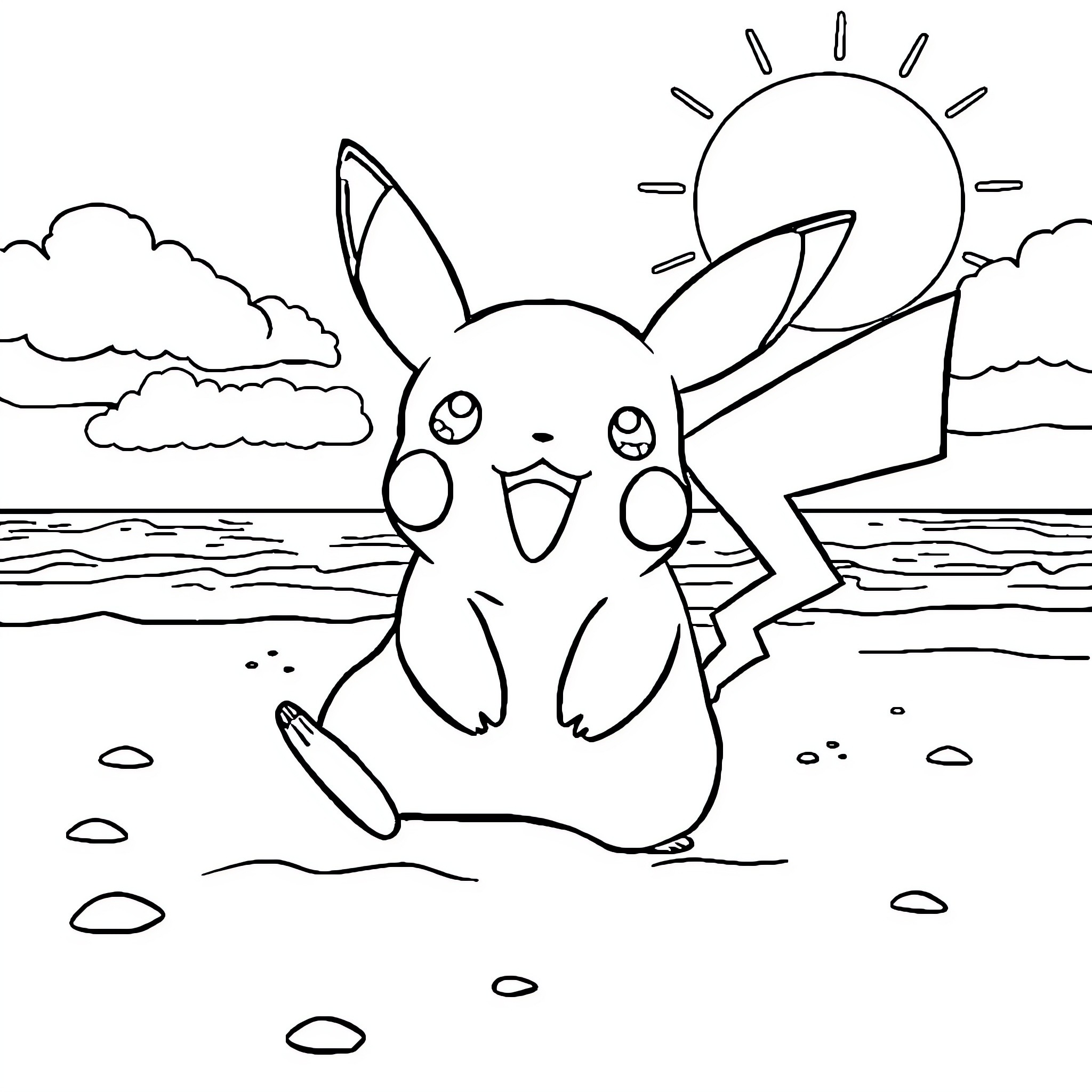 Pikachu enjoying the sunny beach scenery Coloring Page (free black-and-white line drawing printable PDF for all, from beginners to advanced learners, including children, teens, adults, and seniors)