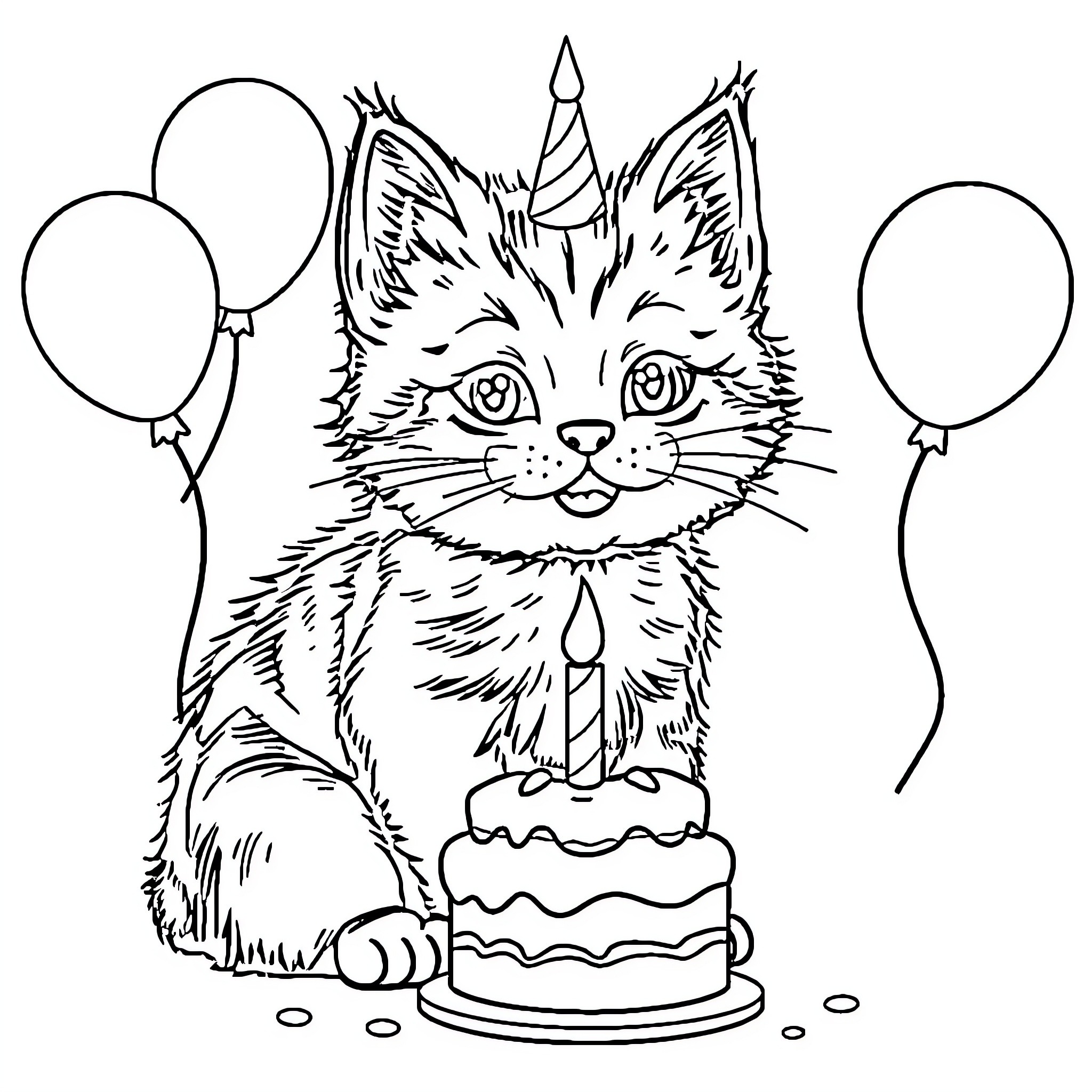 Kitty celebrating birthday with cake and balloons Coloring Page (free black-and-white line drawing printable PDF for all, from beginners to advanced learners, including children, teens, adults, and seniors)