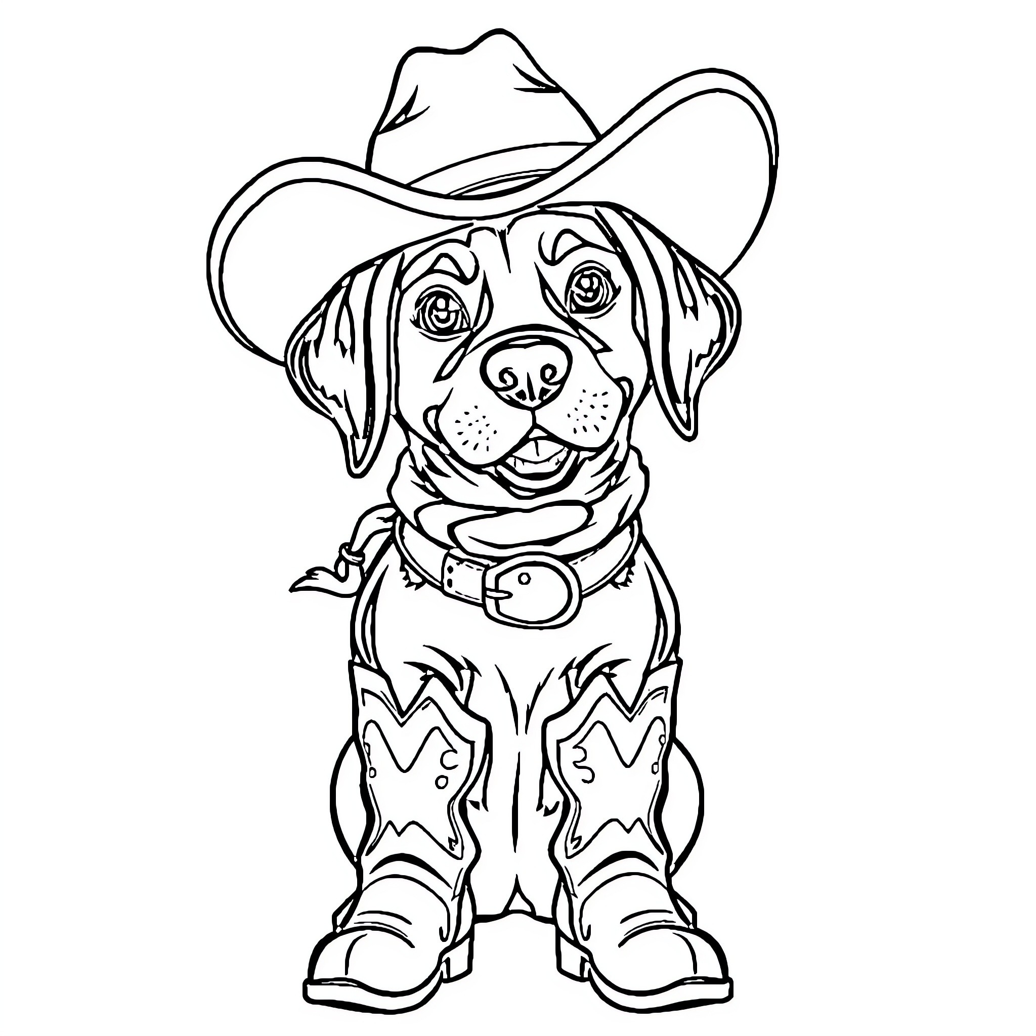 Labrador dog wearing cowboy hat and boots Coloring Page (free black-and-white line drawing printable PDF for all, from beginners to advanced learners, including children, teens, adults, and seniors)