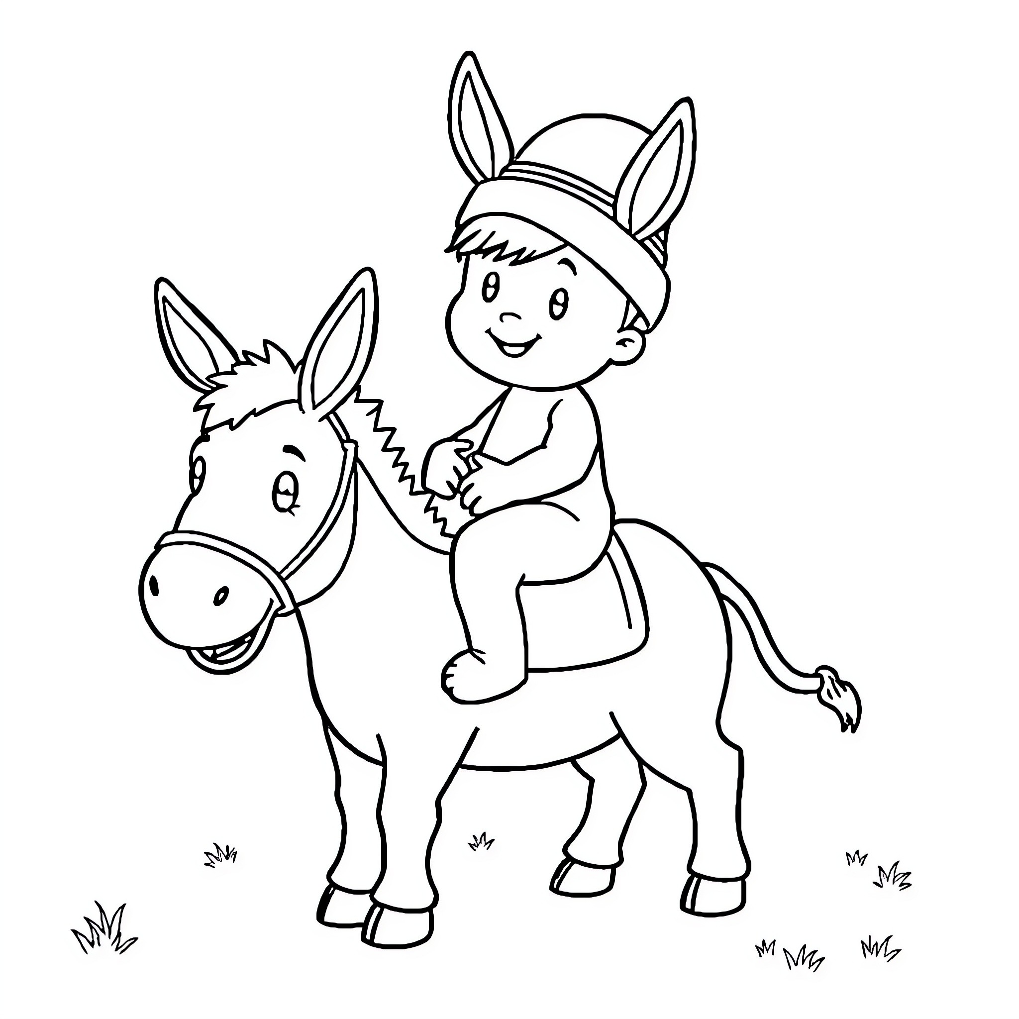 Pocoyo riding a donkey in the field Coloring Page (free black-and-white line drawing printable PDF for all, from beginners to advanced learners, including children, teens, adults, and seniors)