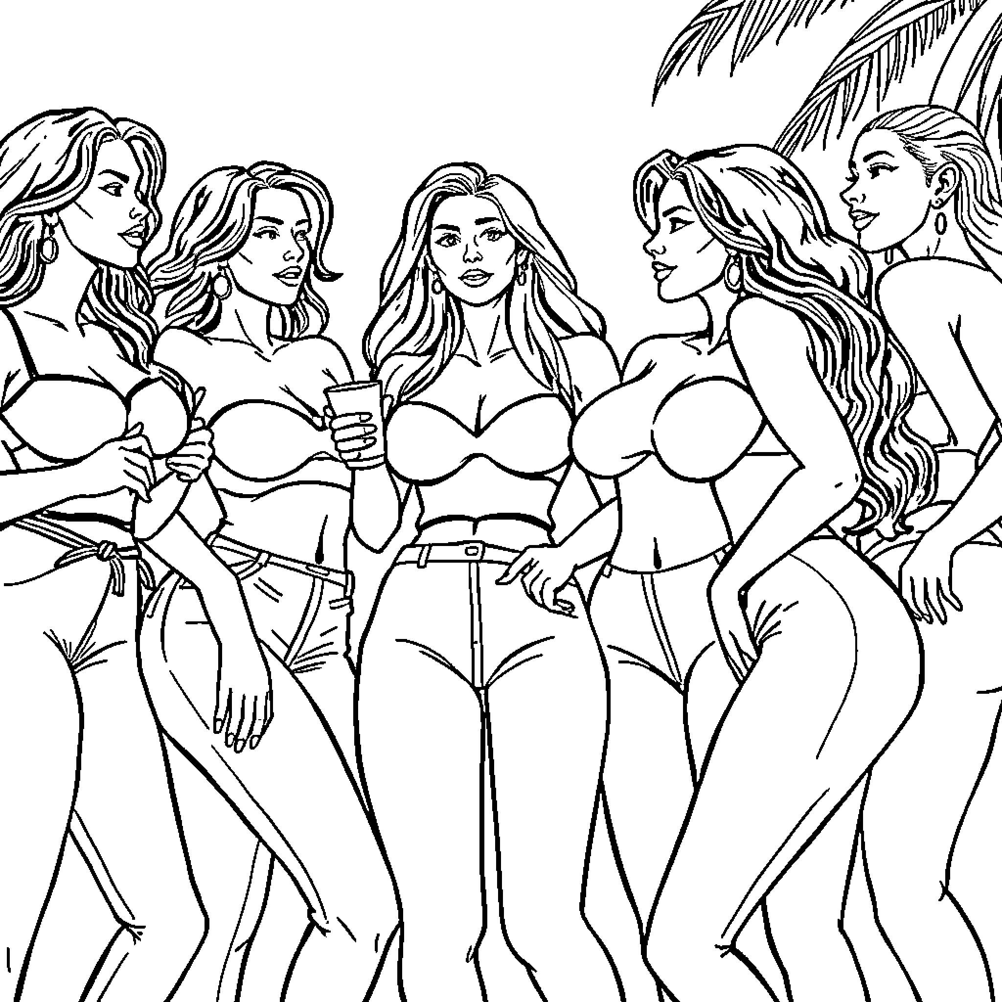Babe's beach day with friends Coloring Page (free black-and-white line drawing printable PDF for all, from beginners to advanced learners, including children, teens, adults, and seniors)