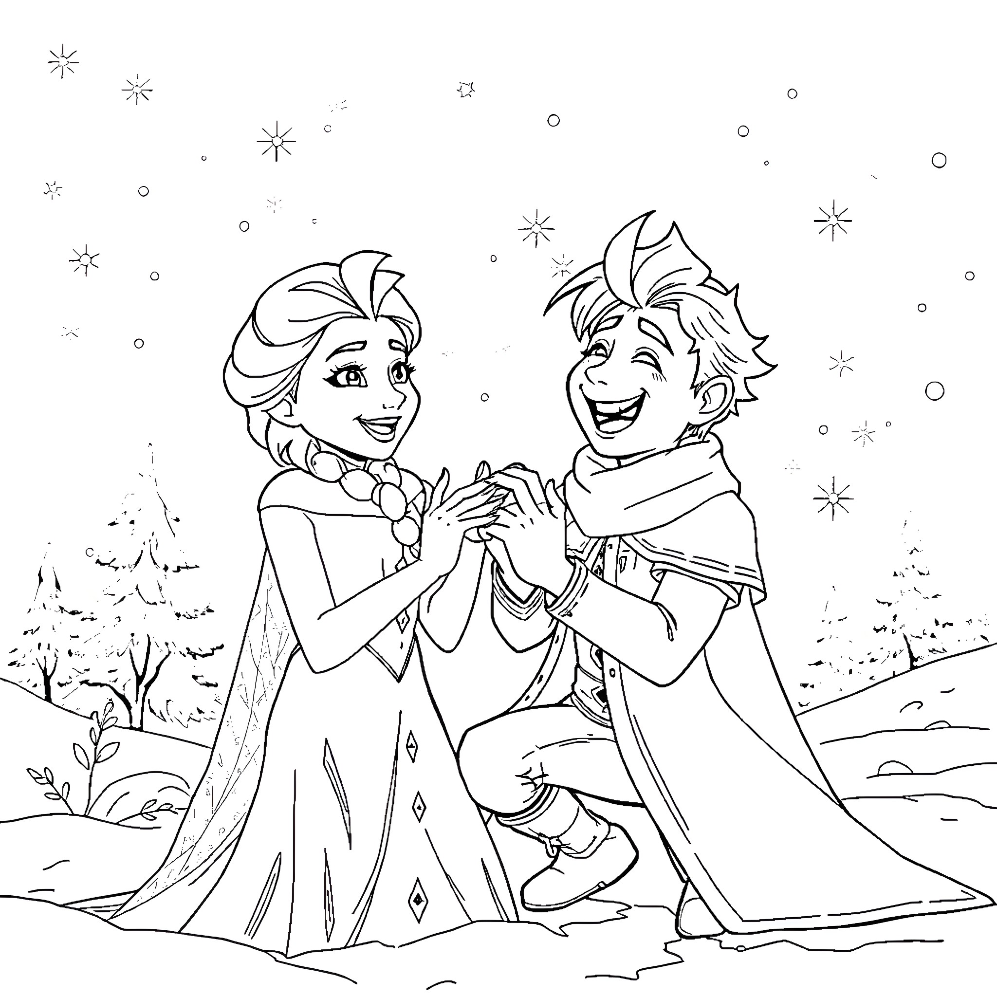 Elsa and Kristoff enjoying a winter wonderland Coloring Page (free black-and-white line drawing printable PDF for all, from beginners to advanced learners, including children, teens, adults, and seniors)