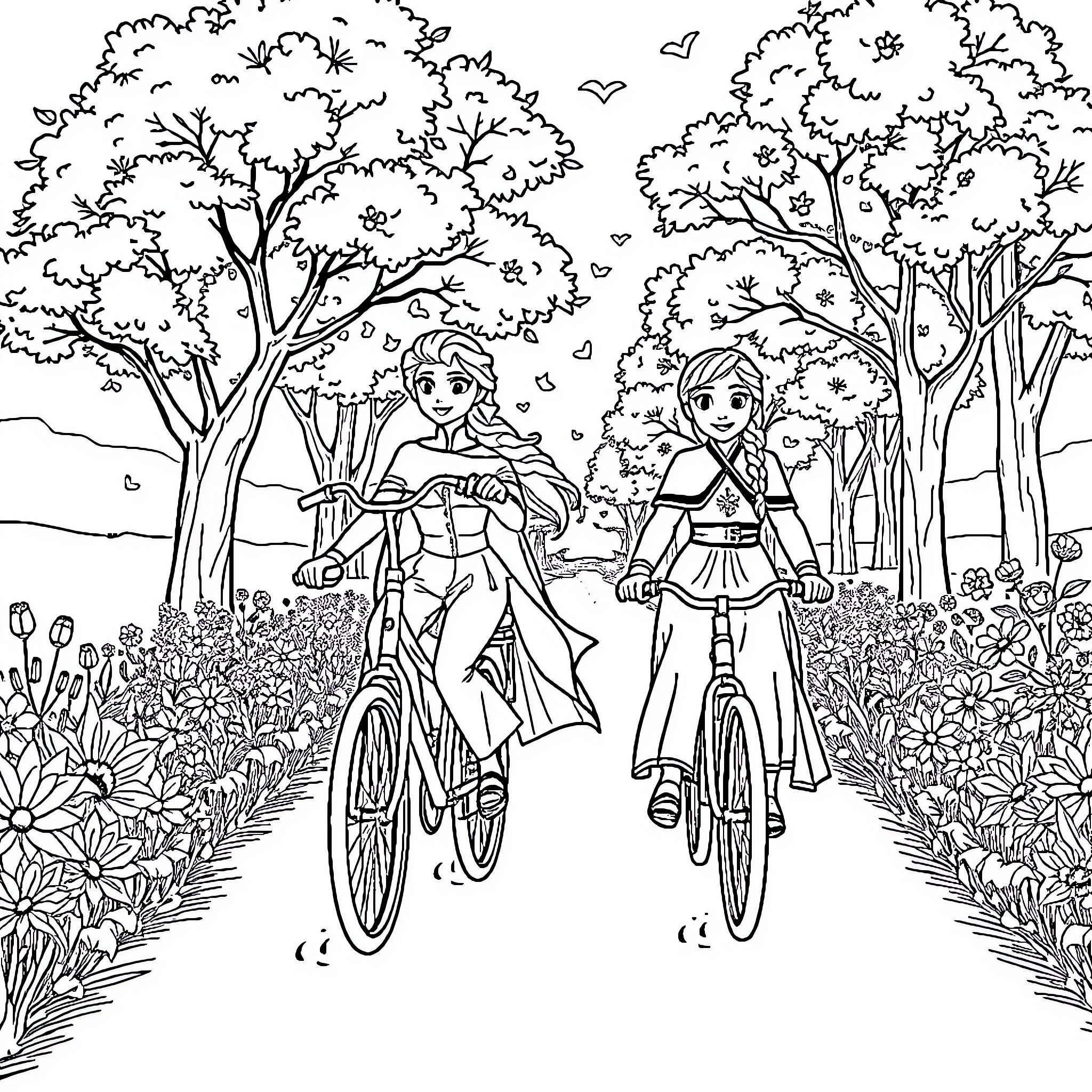 Elsa and Anna's Cycling Adventure in the Enchanted Forest Coloring Page (free black-and-white line drawing printable PDF for all, from beginners to advanced learners, including children, teens, adults, and seniors)
