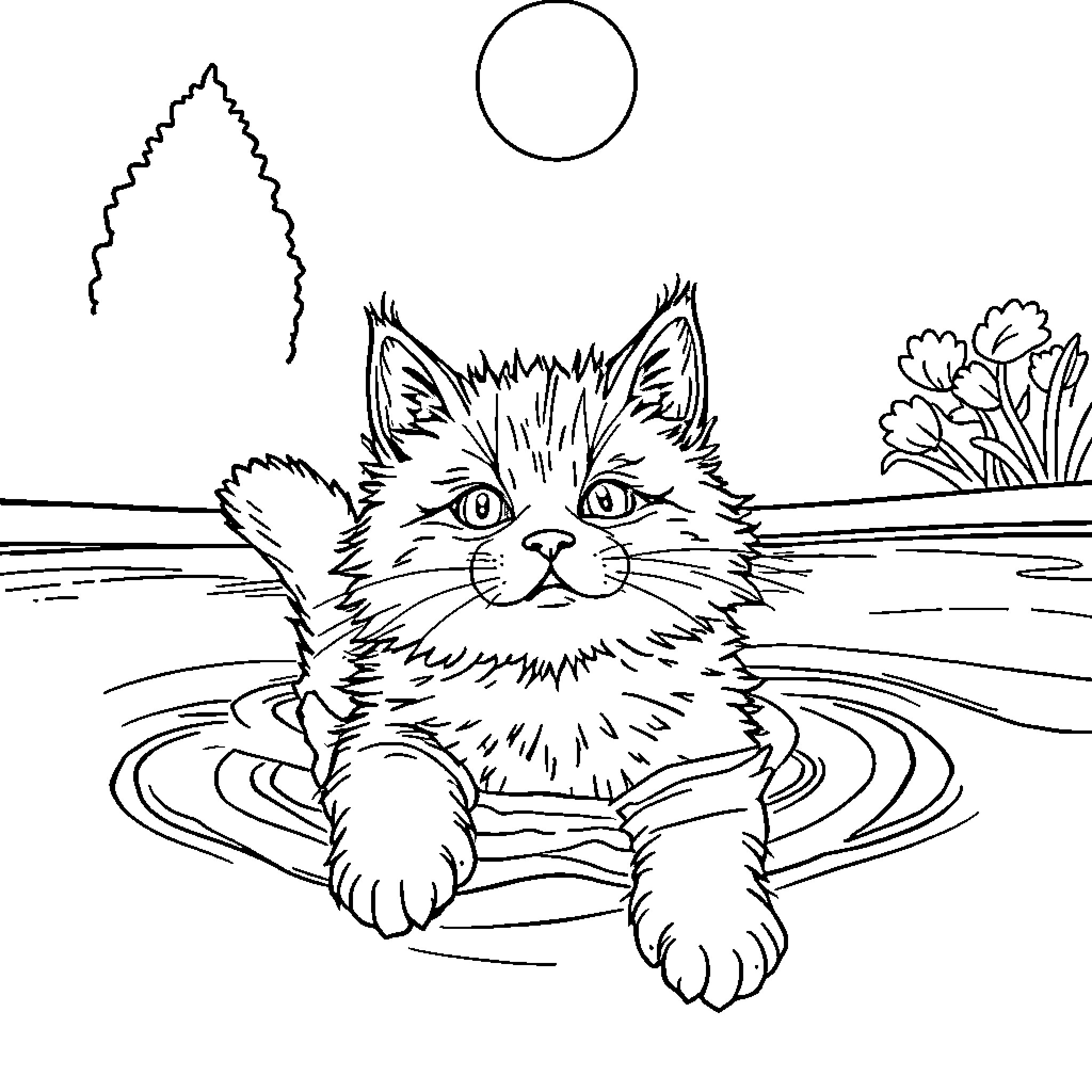 Cat playing in the pond Coloring Page (free black-and-white line drawing printable PDF for all, from beginners to advanced learners, including children, teens, adults, and seniors)