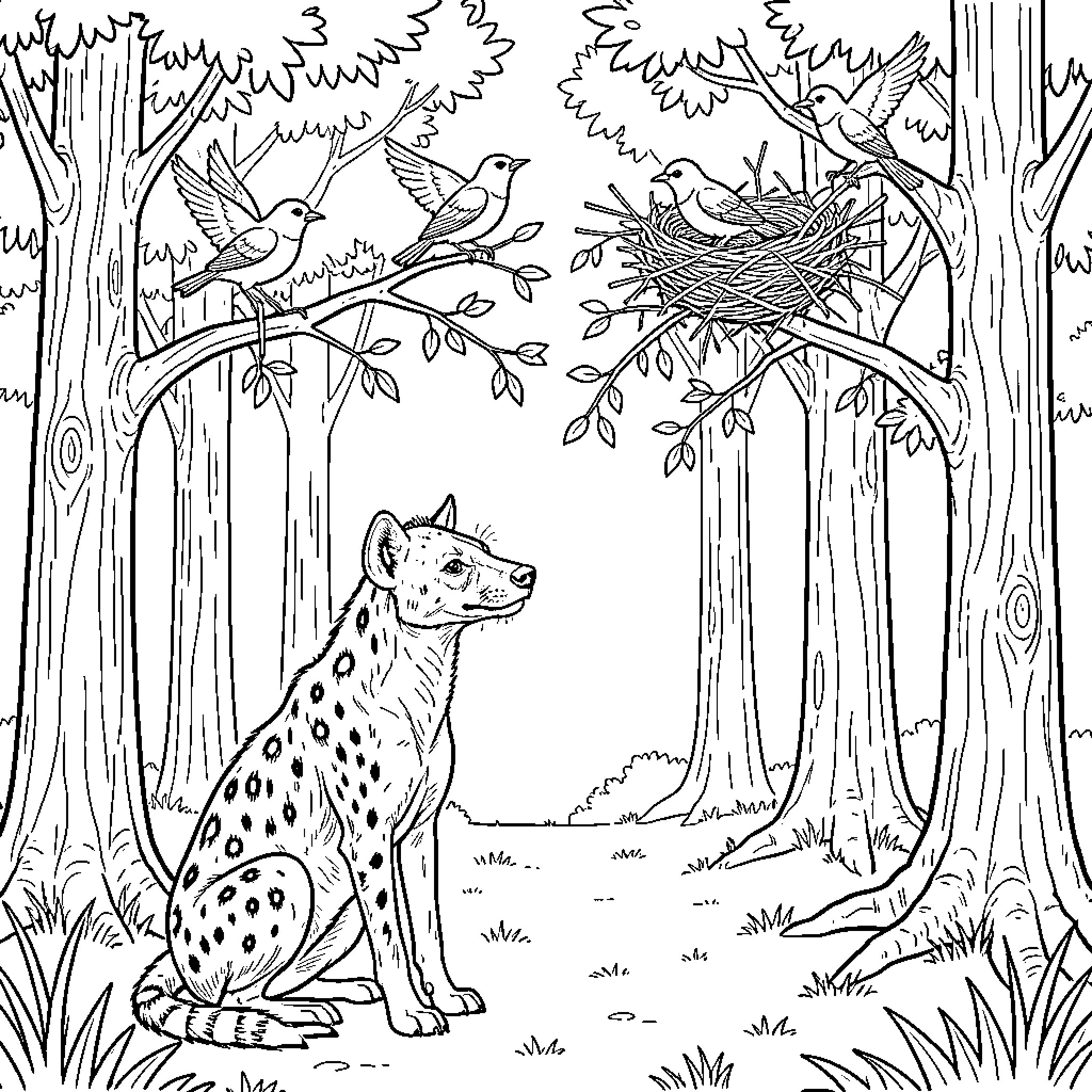 Hyena sitting peacefully in a forest setting Coloring Page (free black-and-white line drawing printable PDF for all, from beginners to advanced learners, including children, teens, adults, and seniors)