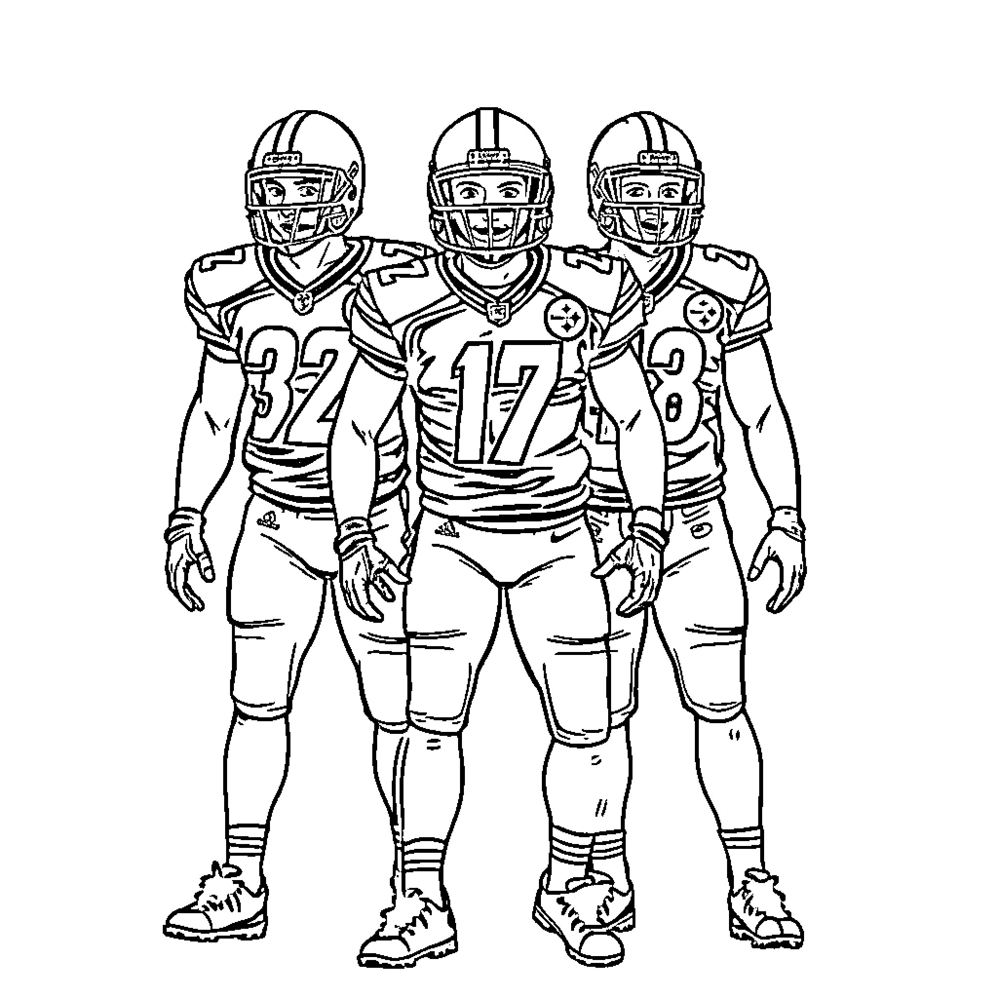 Steelers football players in uniform Coloring Page (free black-and-white line drawing printable PDF for all, from beginners to advanced learners, including children, teens, adults, and seniors)