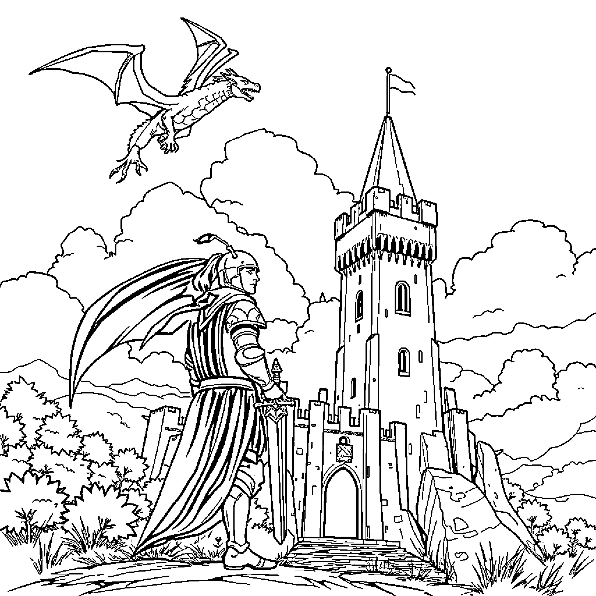 Knight battling a fearsome dragon near a grand castle Coloring Page (free black-and-white line drawing printable PDF for all, from beginners to advanced learners, including children, teens, adults, and seniors)