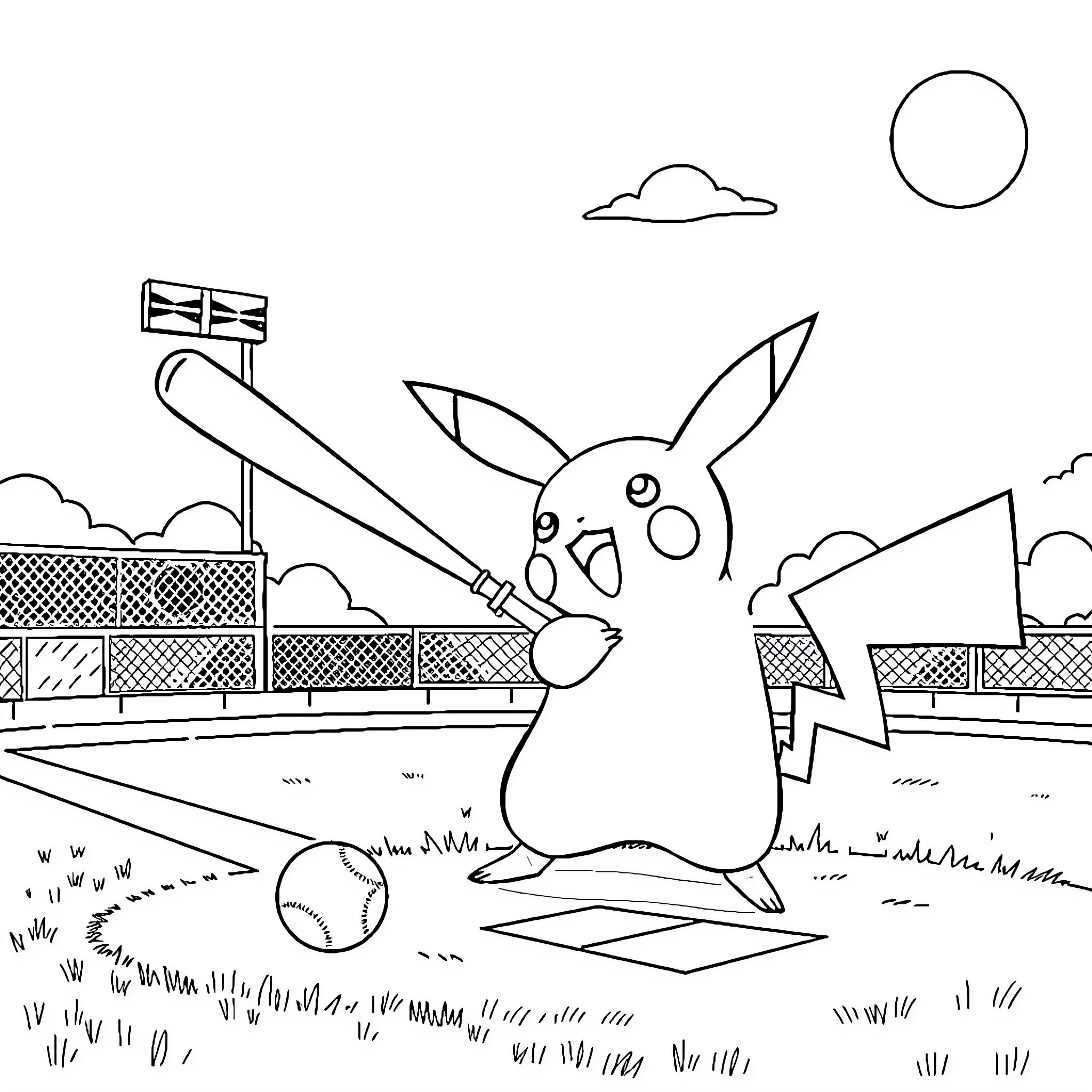 Pikachu Playing Baseball in the Stadium Coloring Page (free black-and-white line drawing printable PDF for all, from beginners to advanced learners, including children, teens, adults, and seniors)