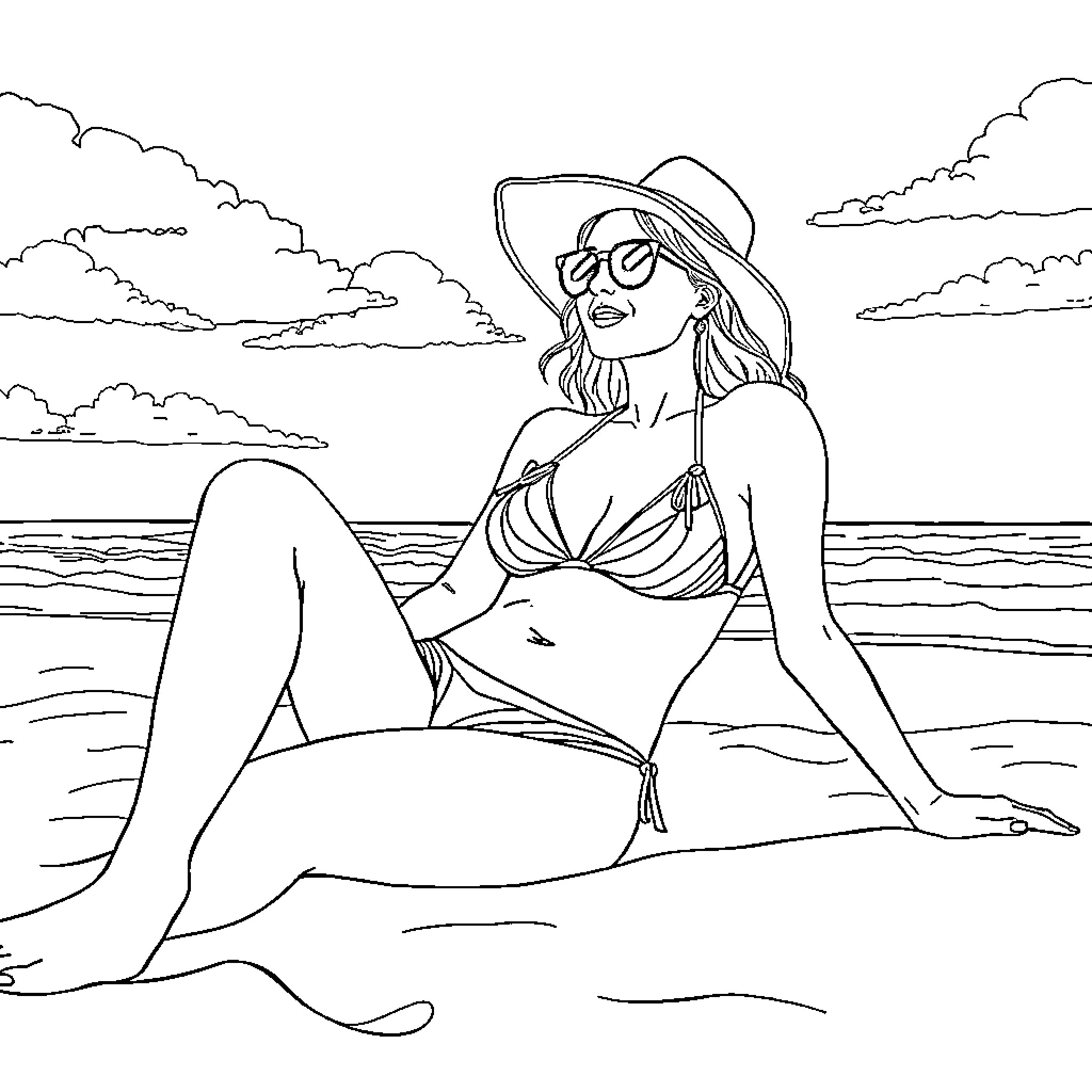 Mom enjoying the beach on a sunny day Coloring Page (free black-and-white line drawing printable PDF for all, from beginners to advanced learners, including children, teens, adults, and seniors)