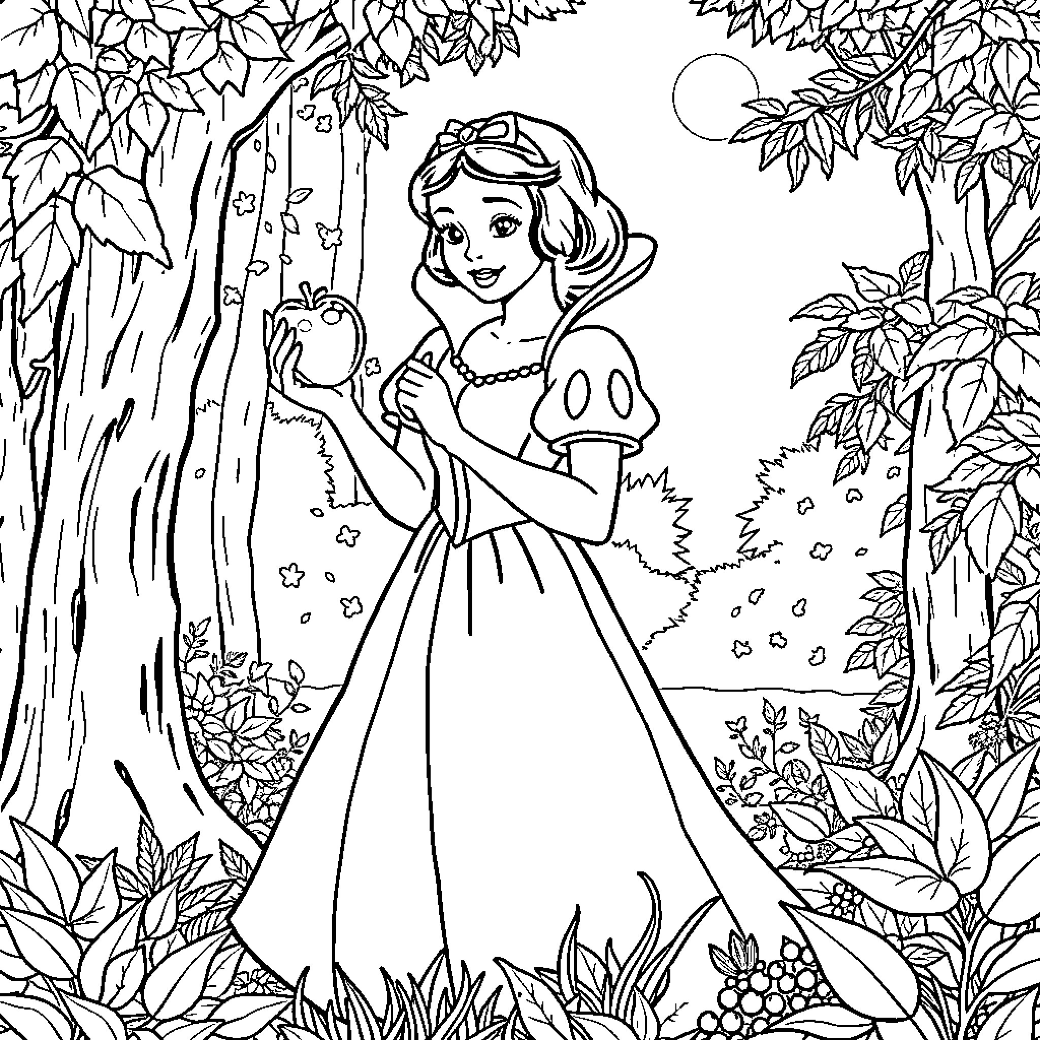 Snow White in the Enchanted Forest Coloring Page (free black-and-white line drawing printable PDF for all, from beginners to advanced learners, including children, teens, adults, and seniors)