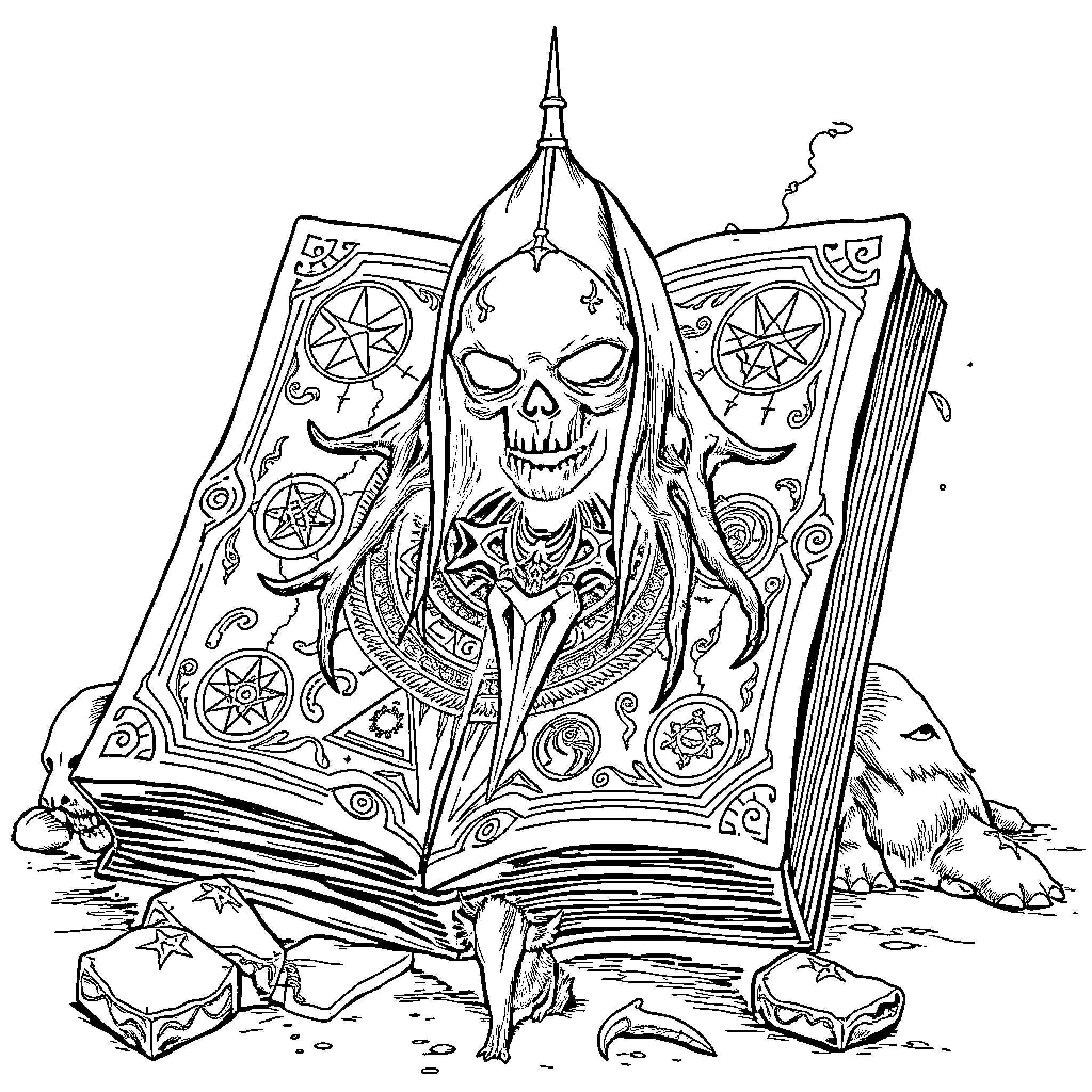 Necronomicon: Sinister Tome of Occult Knowledge Coloring Page (free black-and-white line drawing printable PDF for all, from beginners to advanced learners, including children, teens, adults, and seniors)