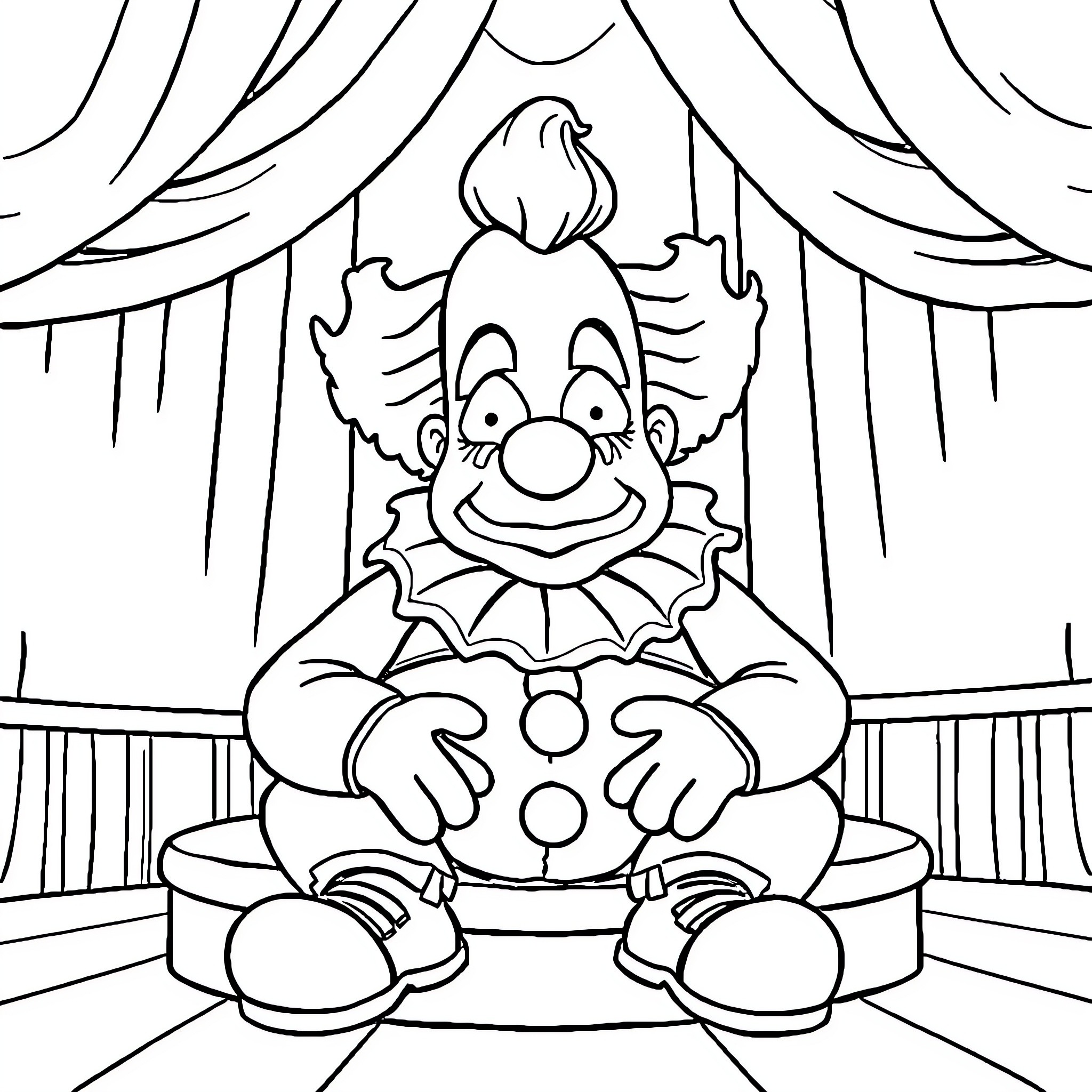 Krusty the Clown performing on stage Coloring Page (free black-and-white line drawing printable PDF for all, from beginners to advanced learners, including children, teens, adults, and seniors)