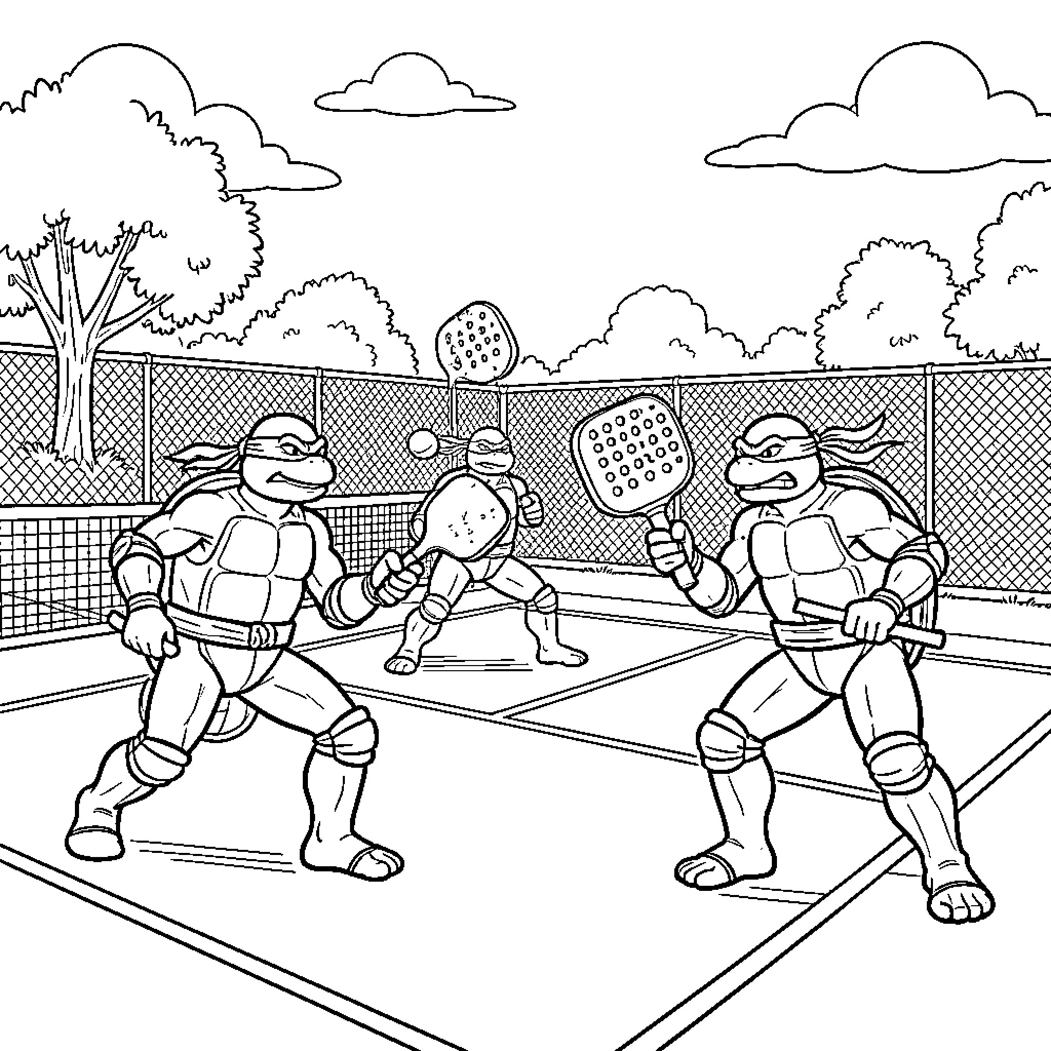 Teenage Turtles playing a competitive game of paddle tennis Coloring Page (free black-and-white line drawing printable PDF for all, from beginners to advanced learners, including children, teens, adults, and seniors)
