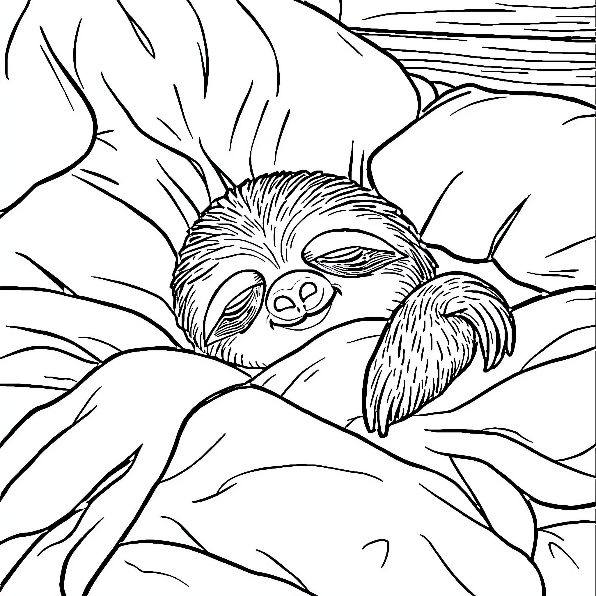 Sloth resting peacefully in the jungle Coloring Page (free black-and-white line drawing printable PDF for all, from beginners to advanced learners, including children, teens, adults, and seniors)