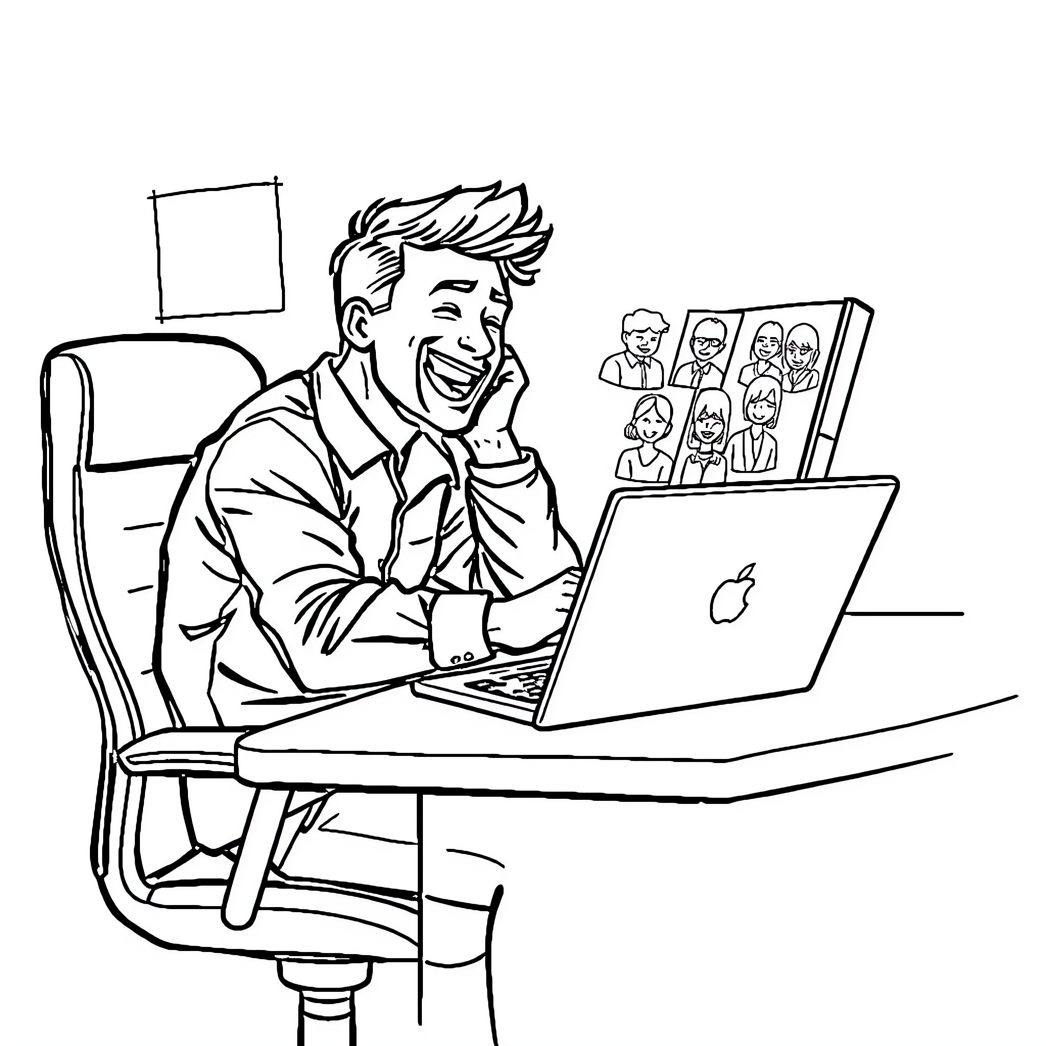 Employee Happily Working on Computer in Office Coloring Page (free black-and-white line drawing printable PDF for all, from beginners to advanced learners, including children, teens, adults, and seniors)