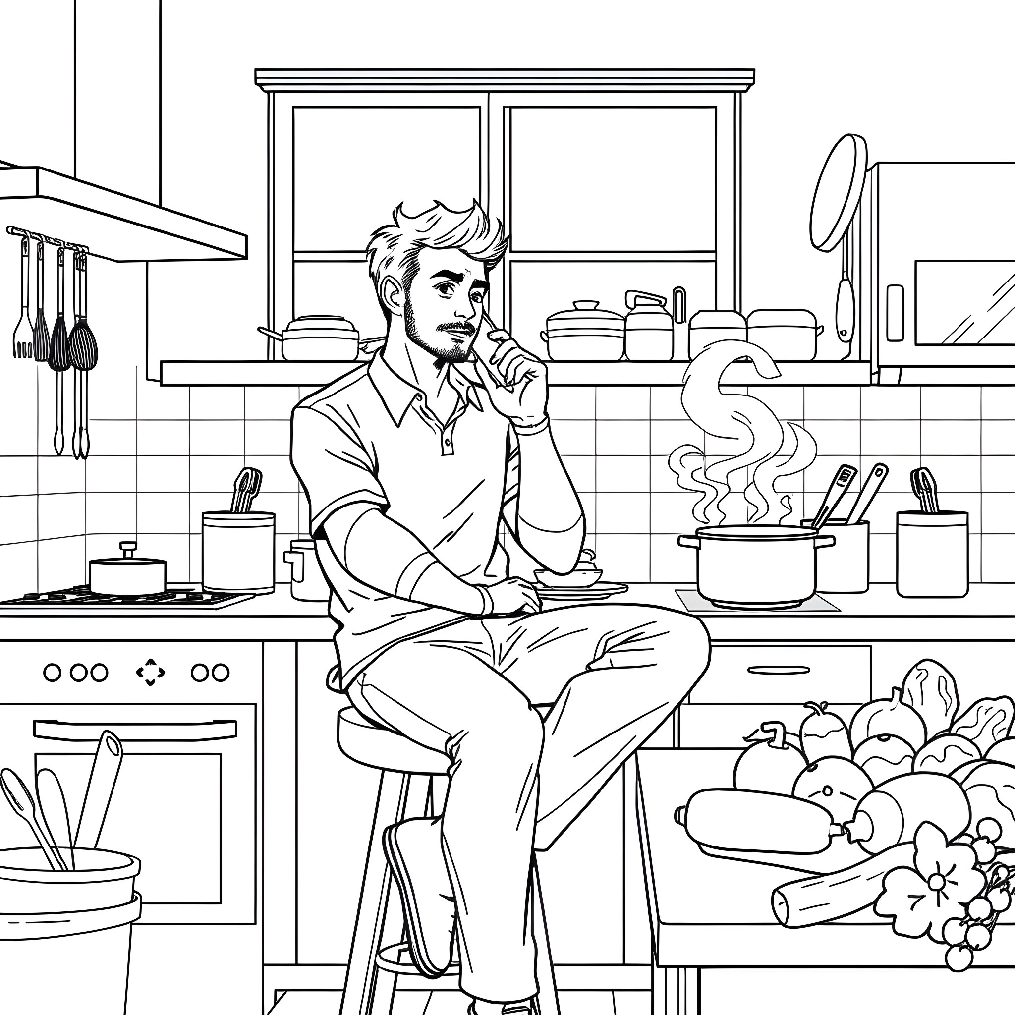 Man Resting and Contemplating in the Kitchen Coloring Page (free black-and-white line drawing printable PDF for all, from beginners to advanced learners, including children, teens, adults, and seniors)