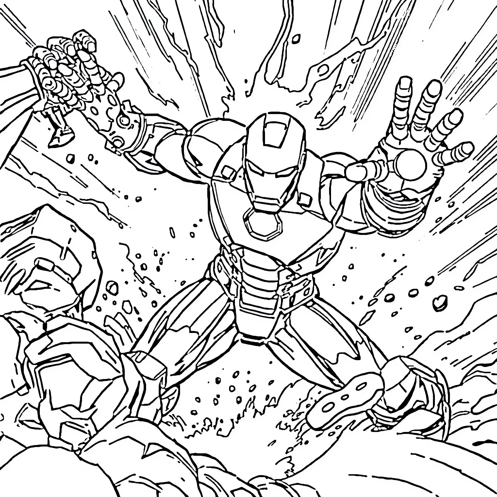 Ironman blasting through intense action scene Coloring Page (free black-and-white line drawing printable PDF for all, from beginners to advanced learners, including children, teens, adults, and seniors)