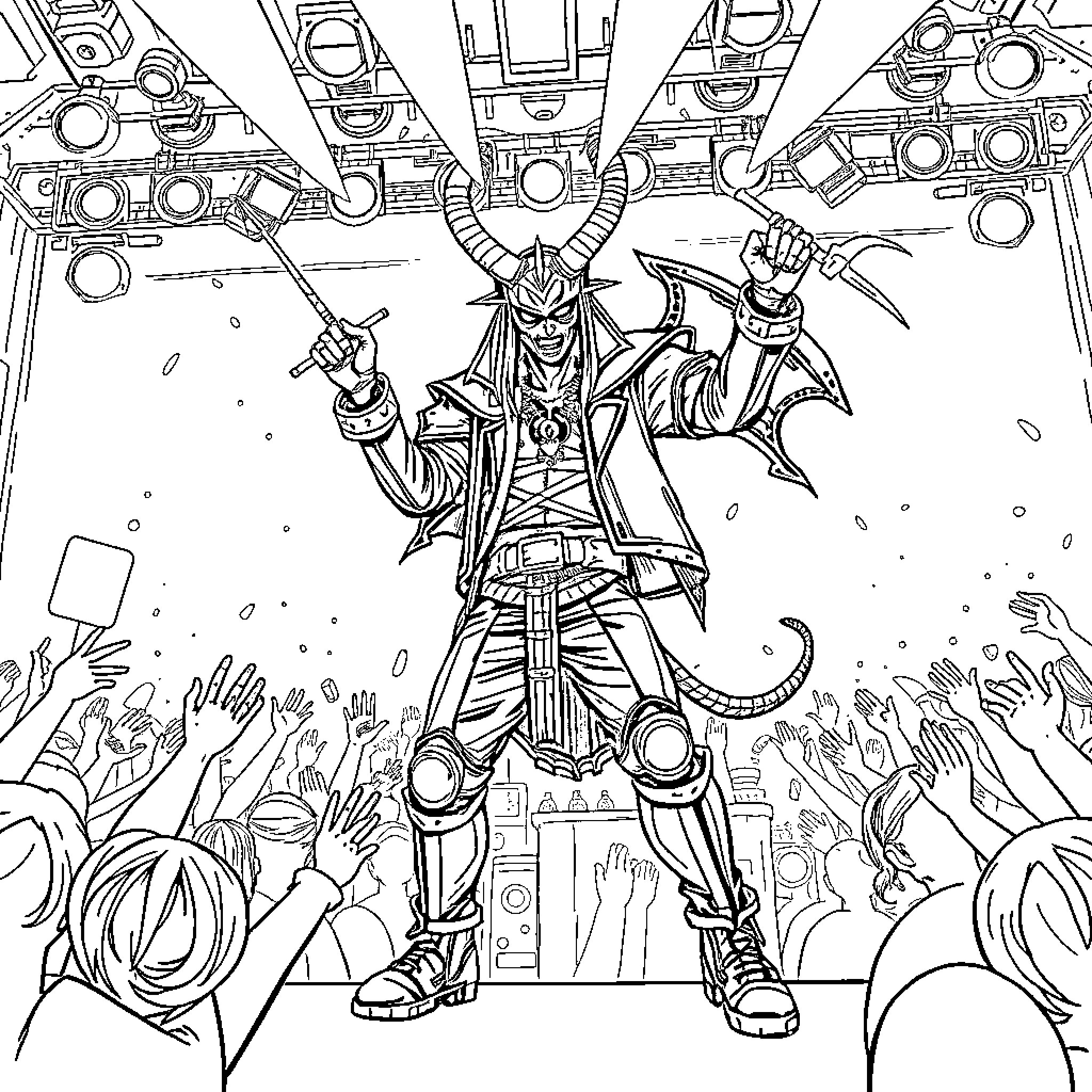 Kpop Demon Hunter Battles Fiercely on Stage Coloring Page (free black-and-white line drawing printable PDF for all, from beginners to advanced learners, including children, teens, adults, and seniors)