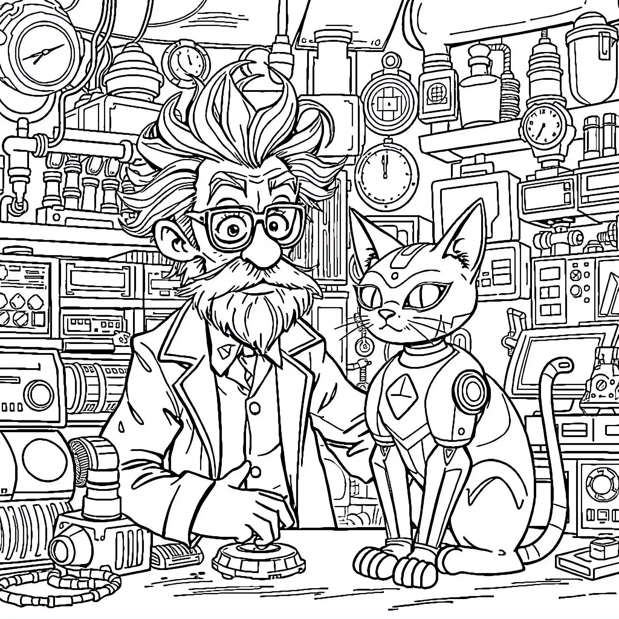 Scientist and cat in cluttered lab Coloring Page (free black-and-white line drawing printable PDF for all, from beginners to advanced learners, including children, teens, adults, and seniors)