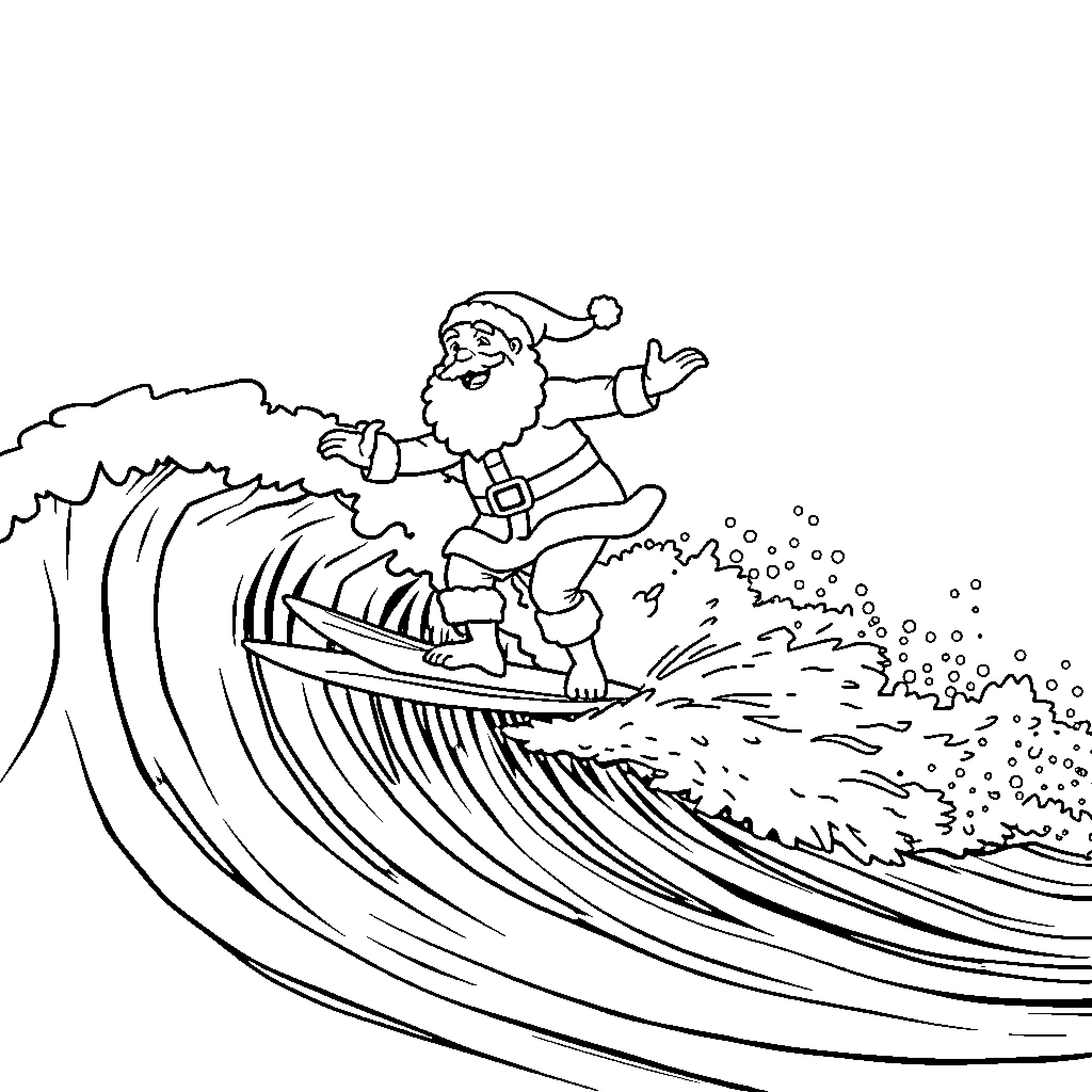 Santa Surfing on a Wave Coloring Page (free black-and-white line drawing printable PDF for all, from beginners to advanced learners, including children, teens, adults, and seniors)
