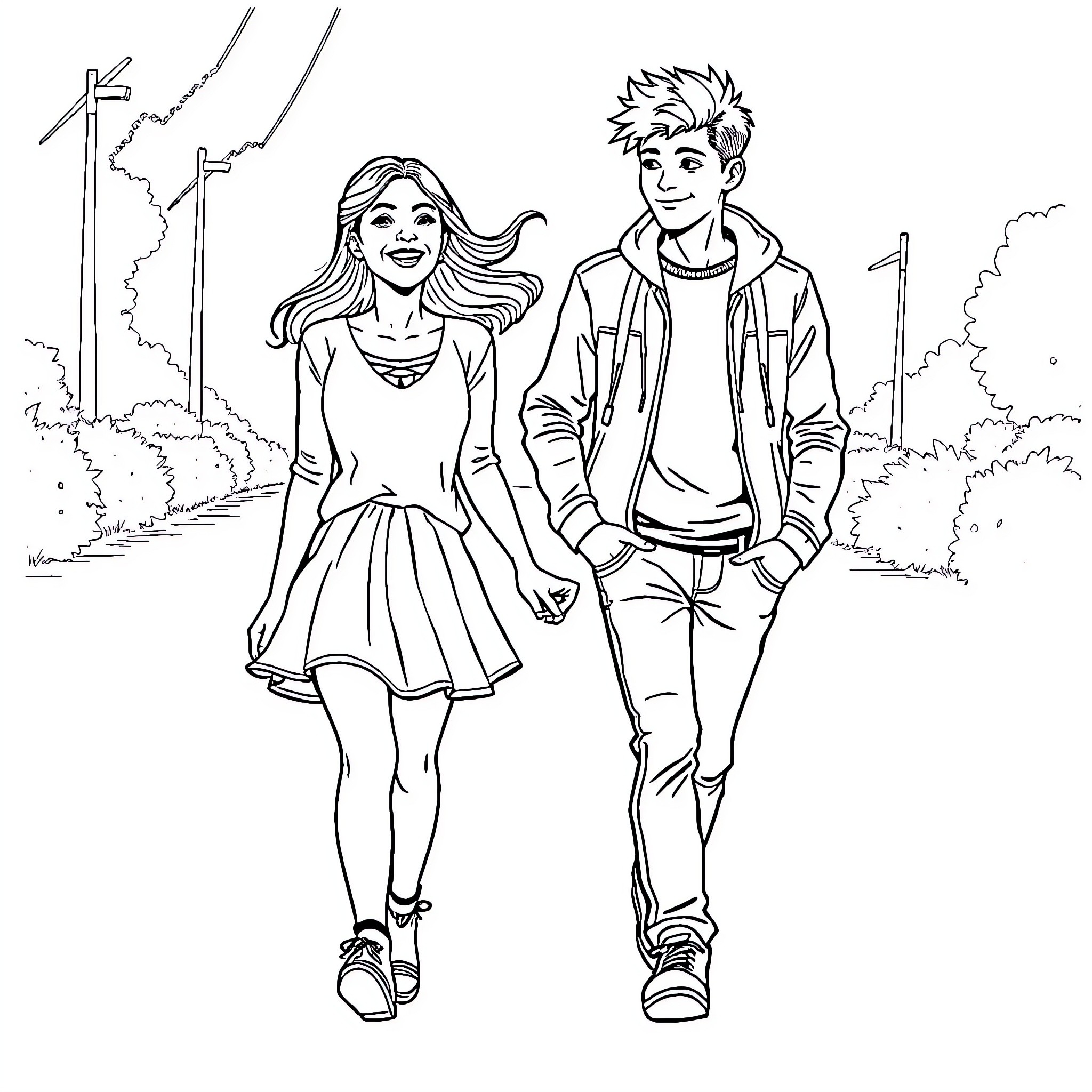 Girl and Boy Enjoying a Casual Stroll Coloring Page (free black-and-white line drawing printable PDF for all, from beginners to advanced learners, including children, teens, adults, and seniors)