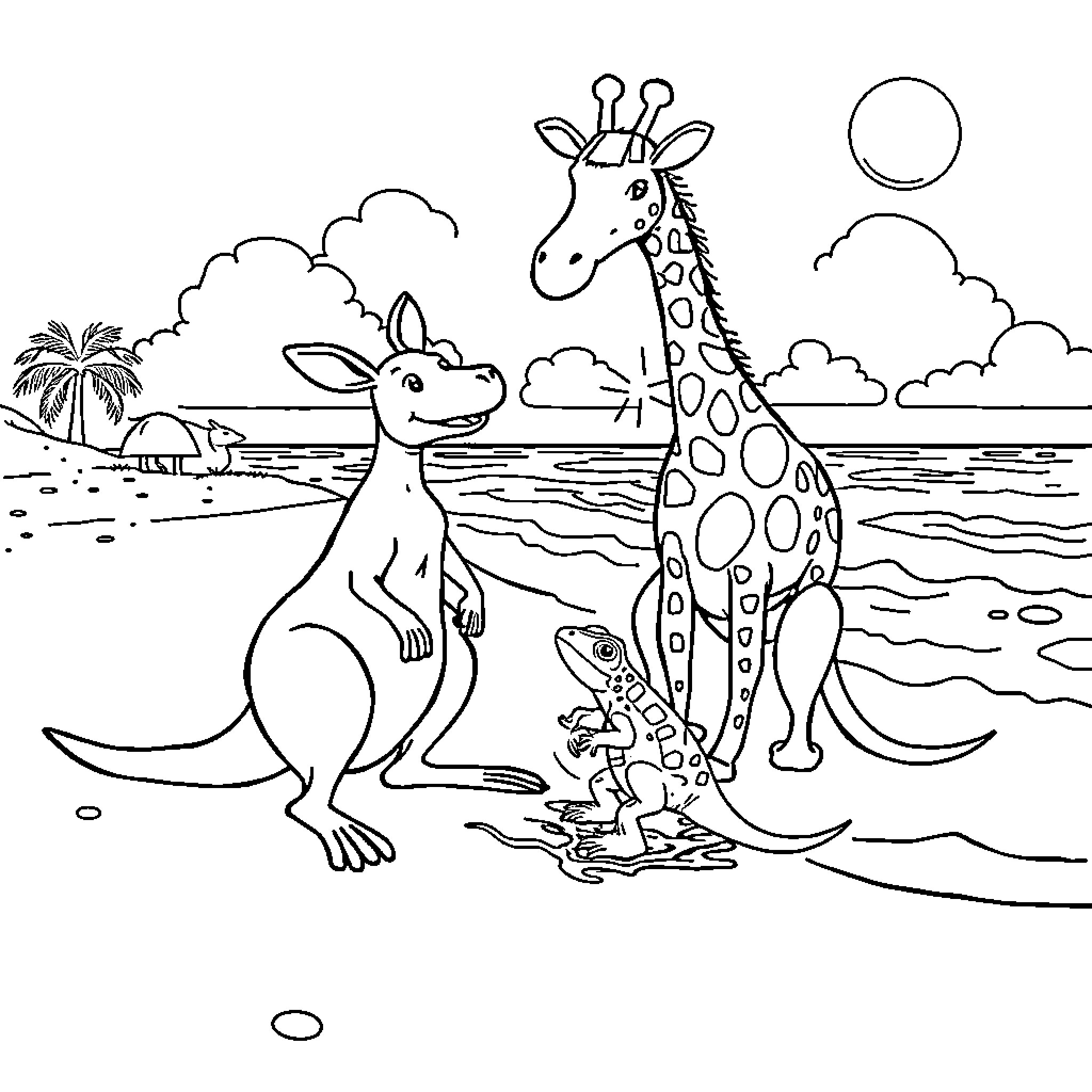 Kangaroo and giraffe exploring the beach Coloring Page (free black-and-white line drawing printable PDF for all, from beginners to advanced learners, including children, teens, adults, and seniors)